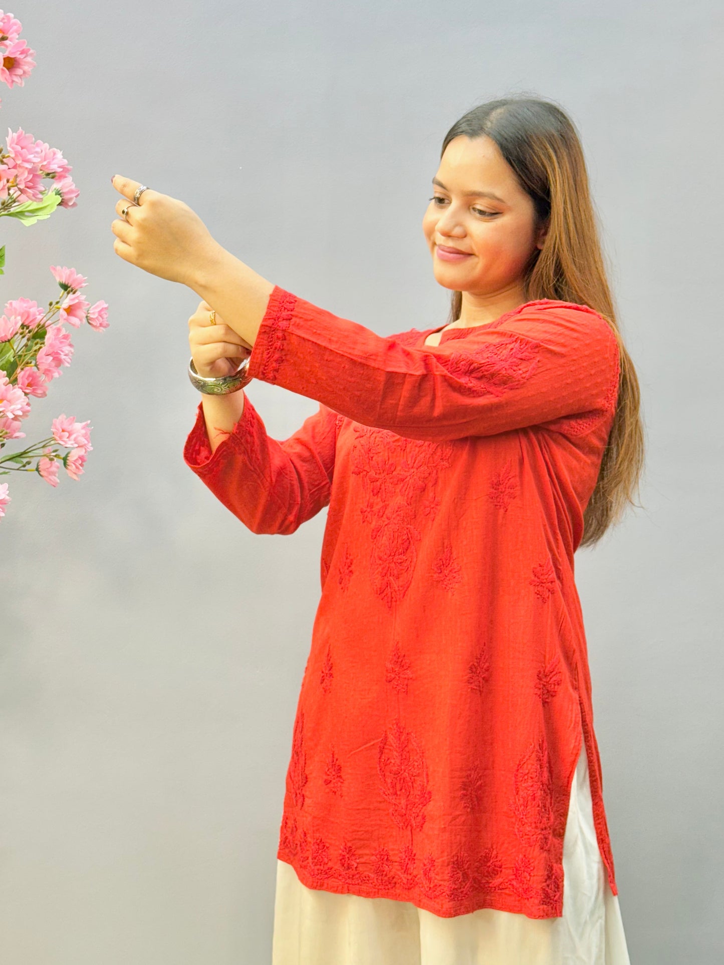 Rust red dobby cotton short chikankari kurta with hand embroidery