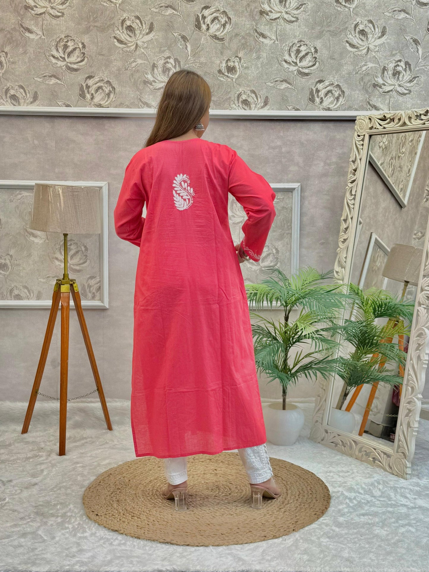 Bright pink cotton Lucknow Chikankari kurta with white hand embroidery – breathable and stylish casual wear