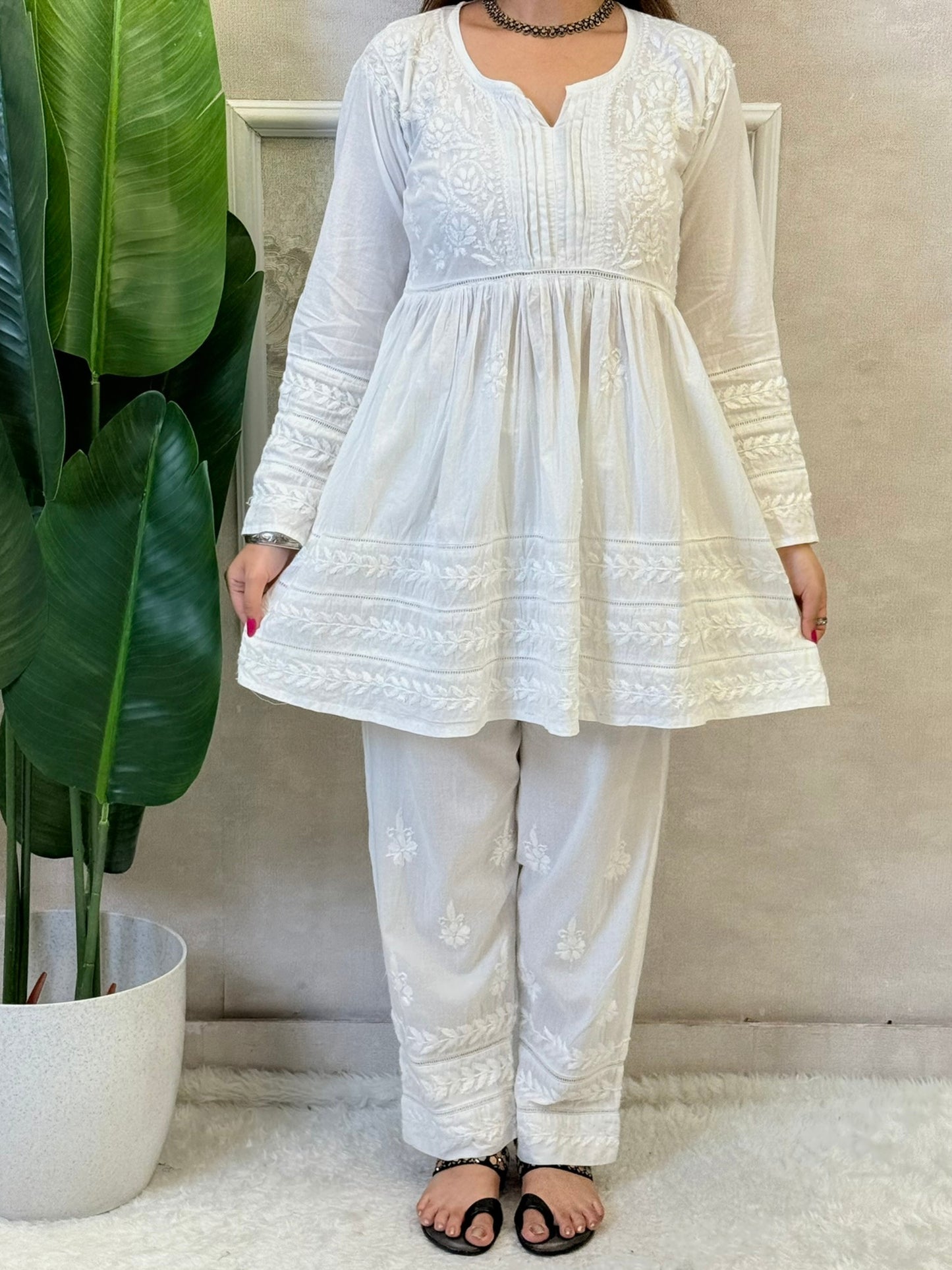 White Lucknow Chikankari cotton kurta and pant set with hand embroidery, soft and premium quality