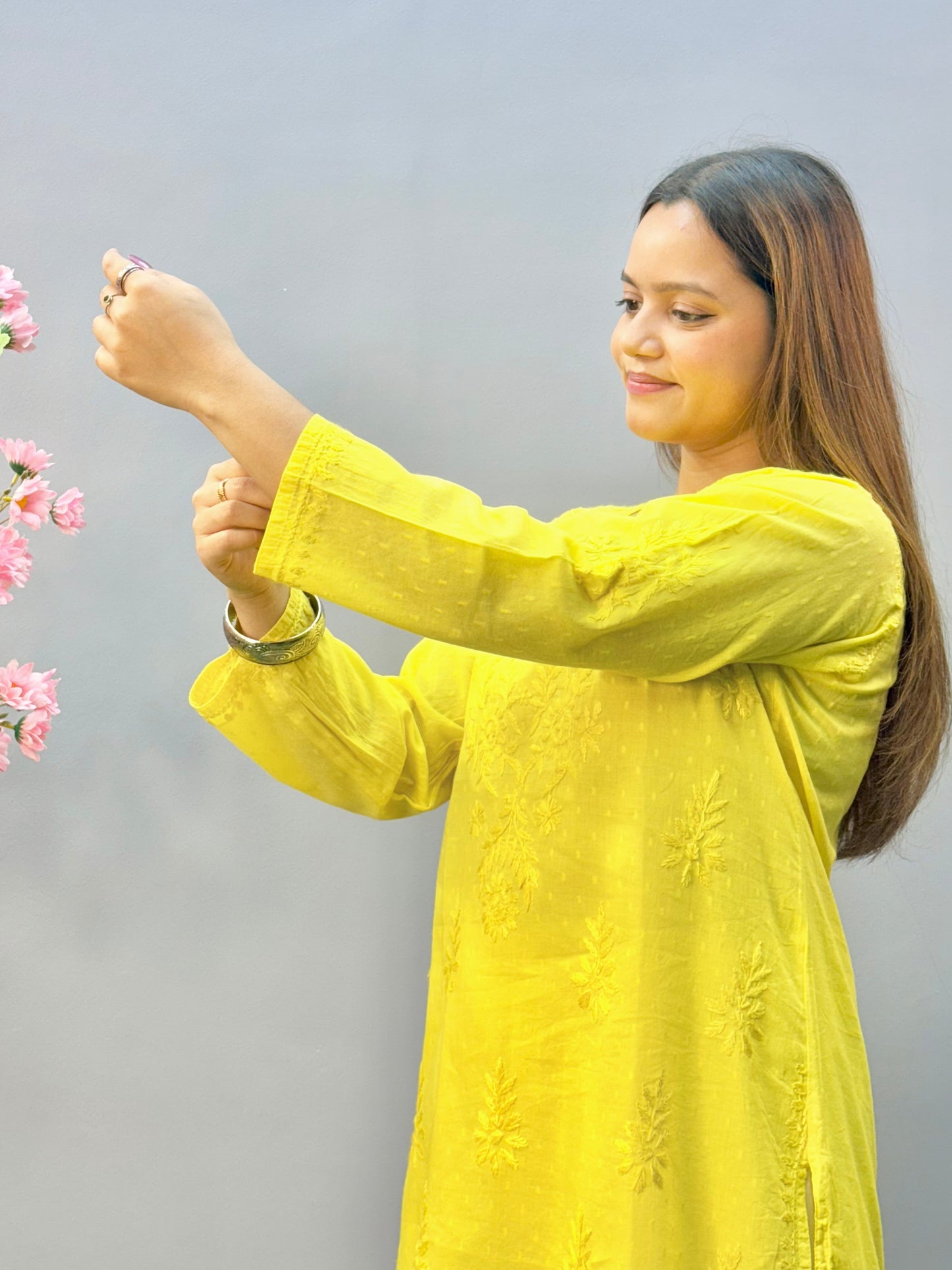 Sunshine yellow dobby cotton short chikankari kurta with hand embroidery