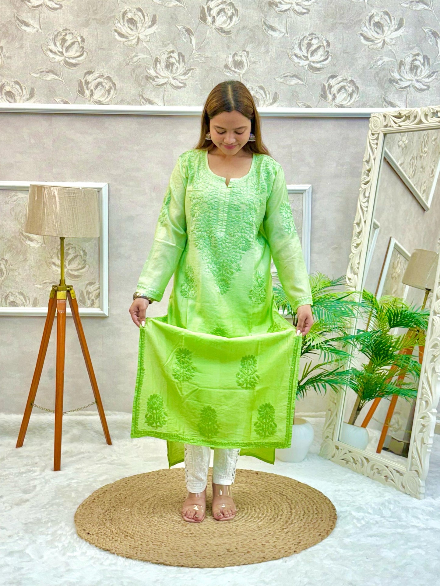 Lime green chanderi Lucknow Chikankari kurta with tonal hand embroidery