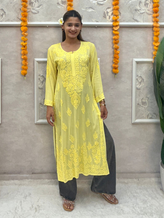 Yellow modal chikankari kurta with hand embroidery, premium quality