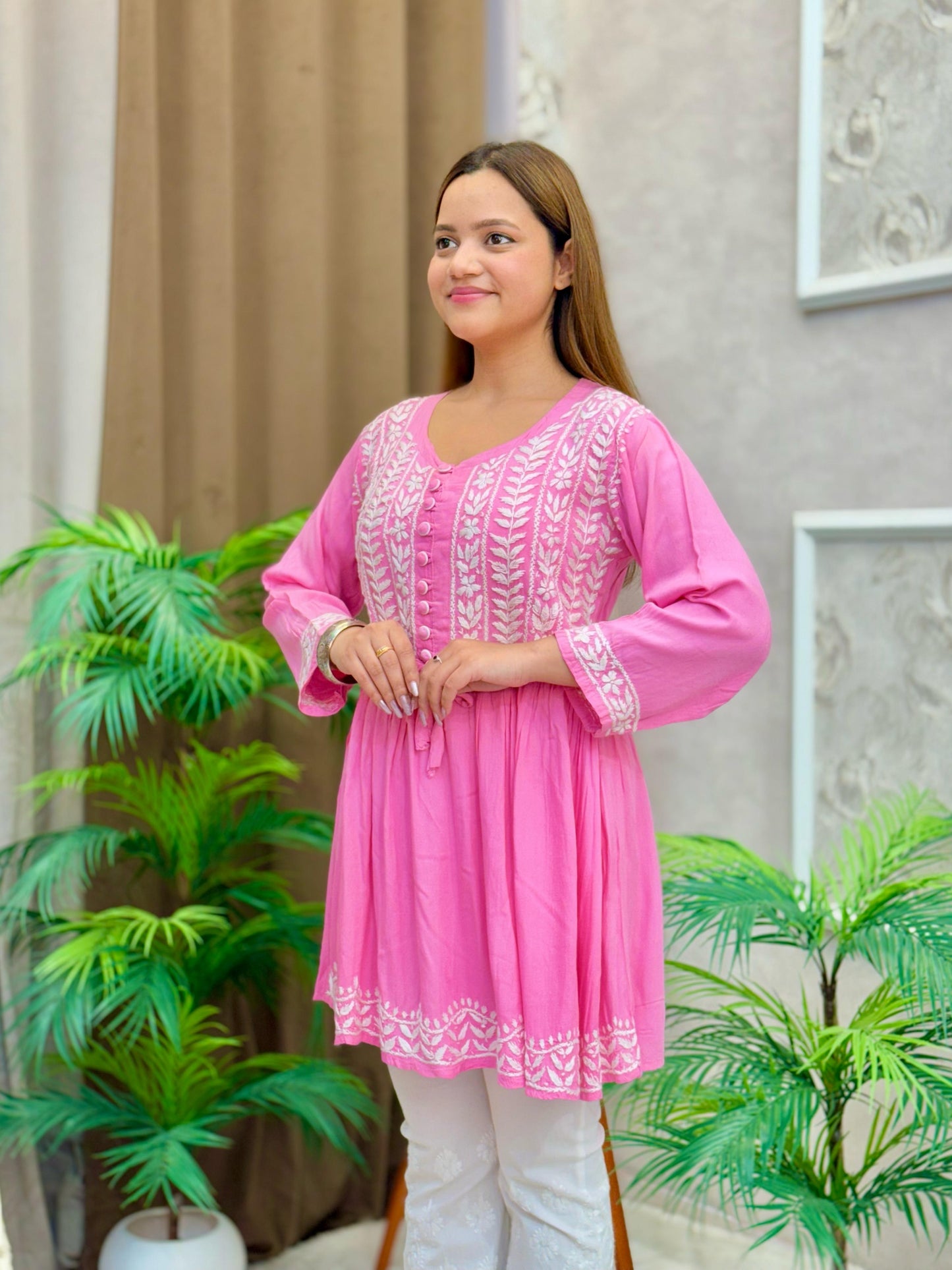 Baby pink rayon short flared Lucknow Chikankari kurta with hand embroidery