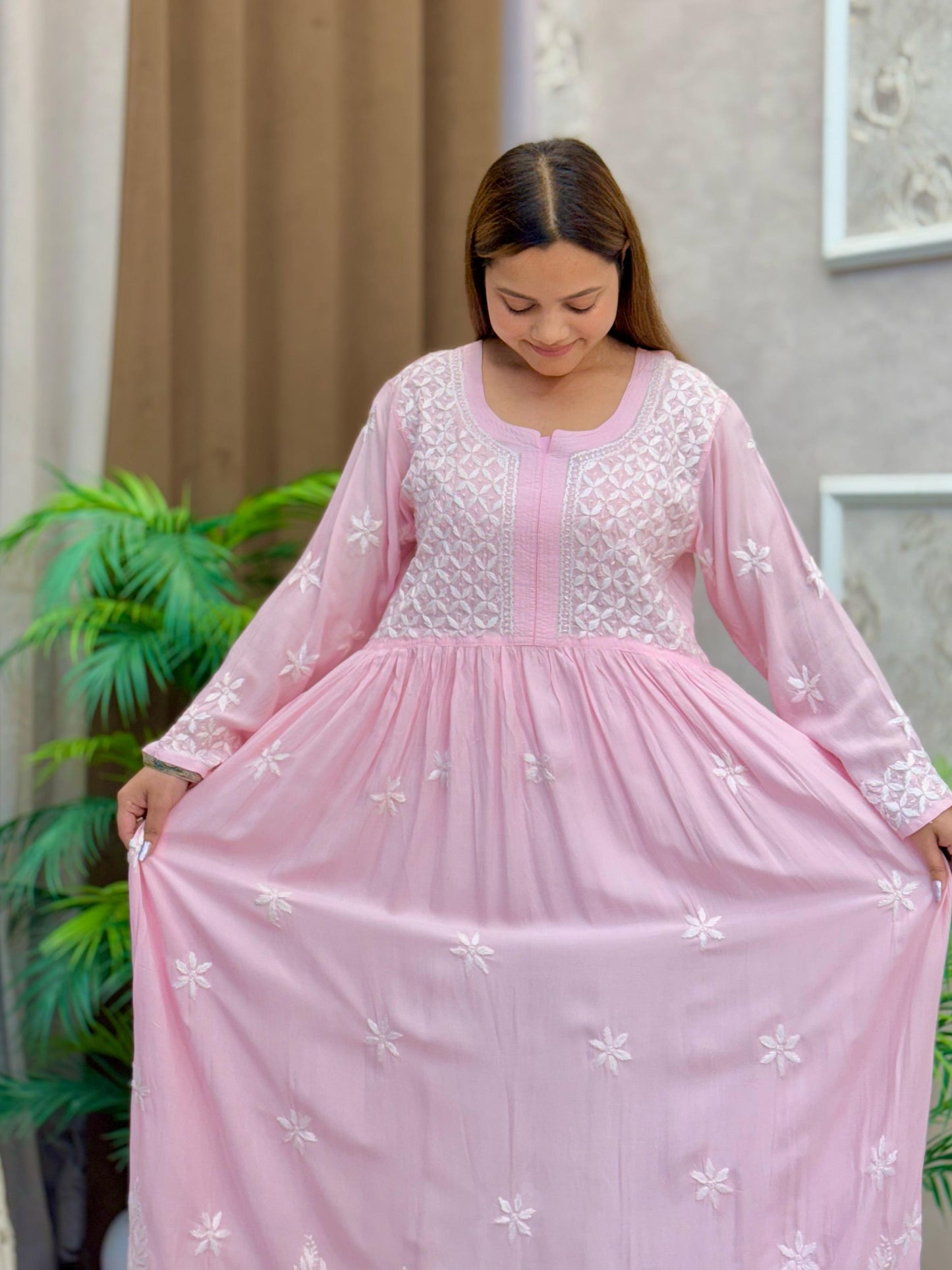 Baby pink modal Lucknow Chikankari long frock kurta with delicate hand embroidery