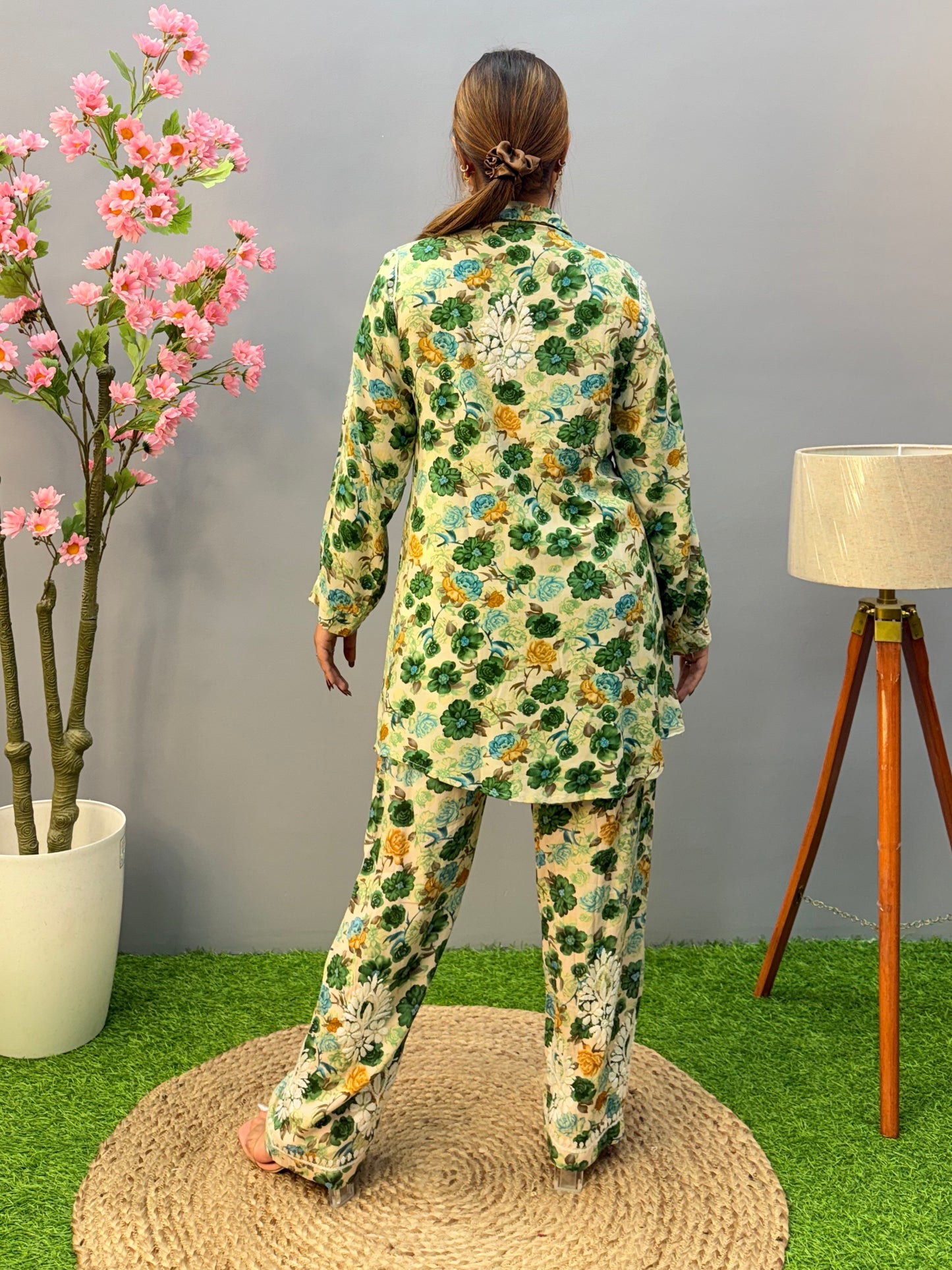 Green floral printed rayon co-ord set with white Lucknow Chikankari embroidery