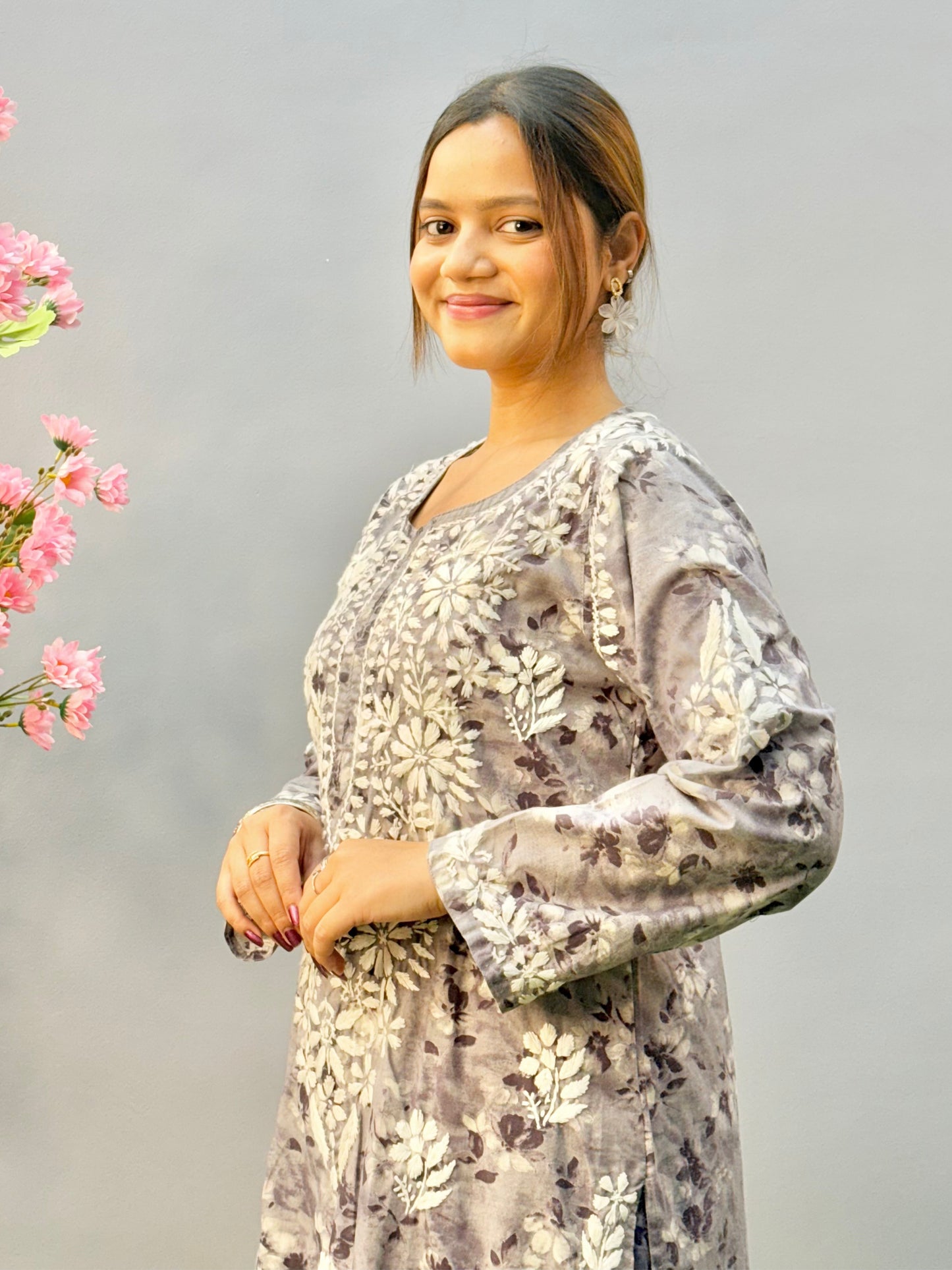 Smoky grey mulmul printed Lucknow Chikankari kurta and palazzo set