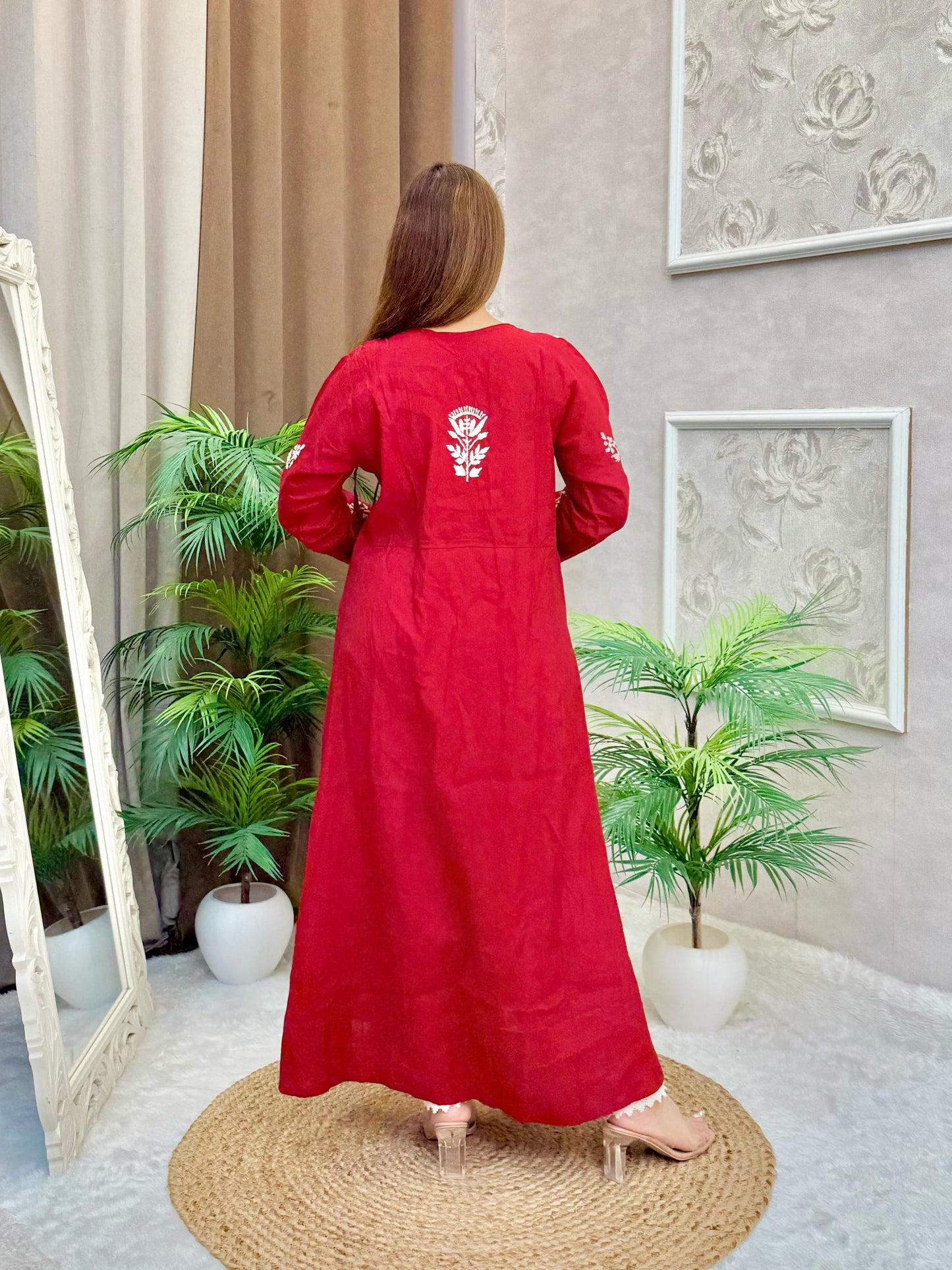 Maroon Chanderi fabric Angrakha-style kurta with white Lucknow Chikankari embroidery