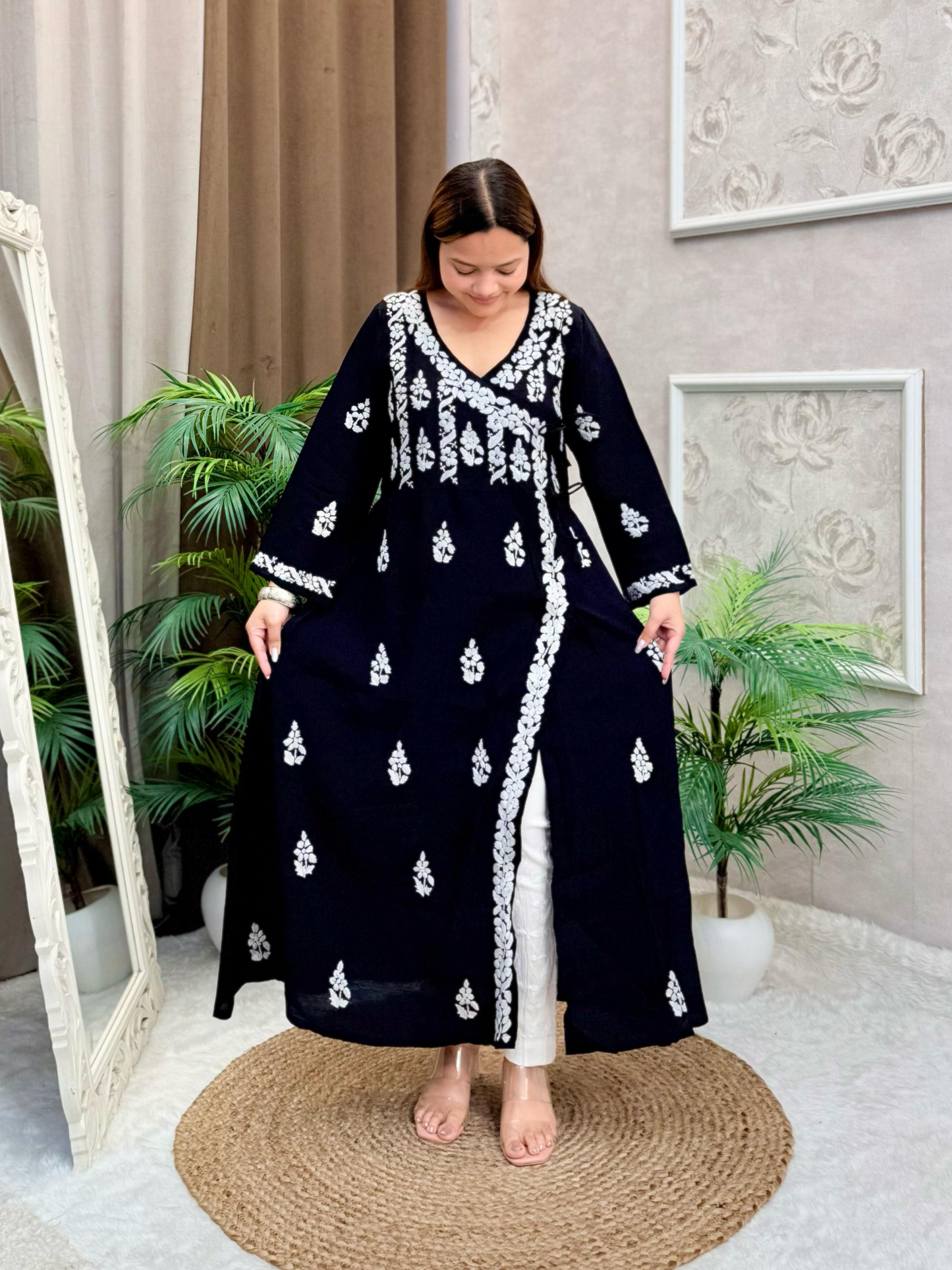 Black Chanderi Lucknow Chikankari angrakha kurta with white hand embroidery