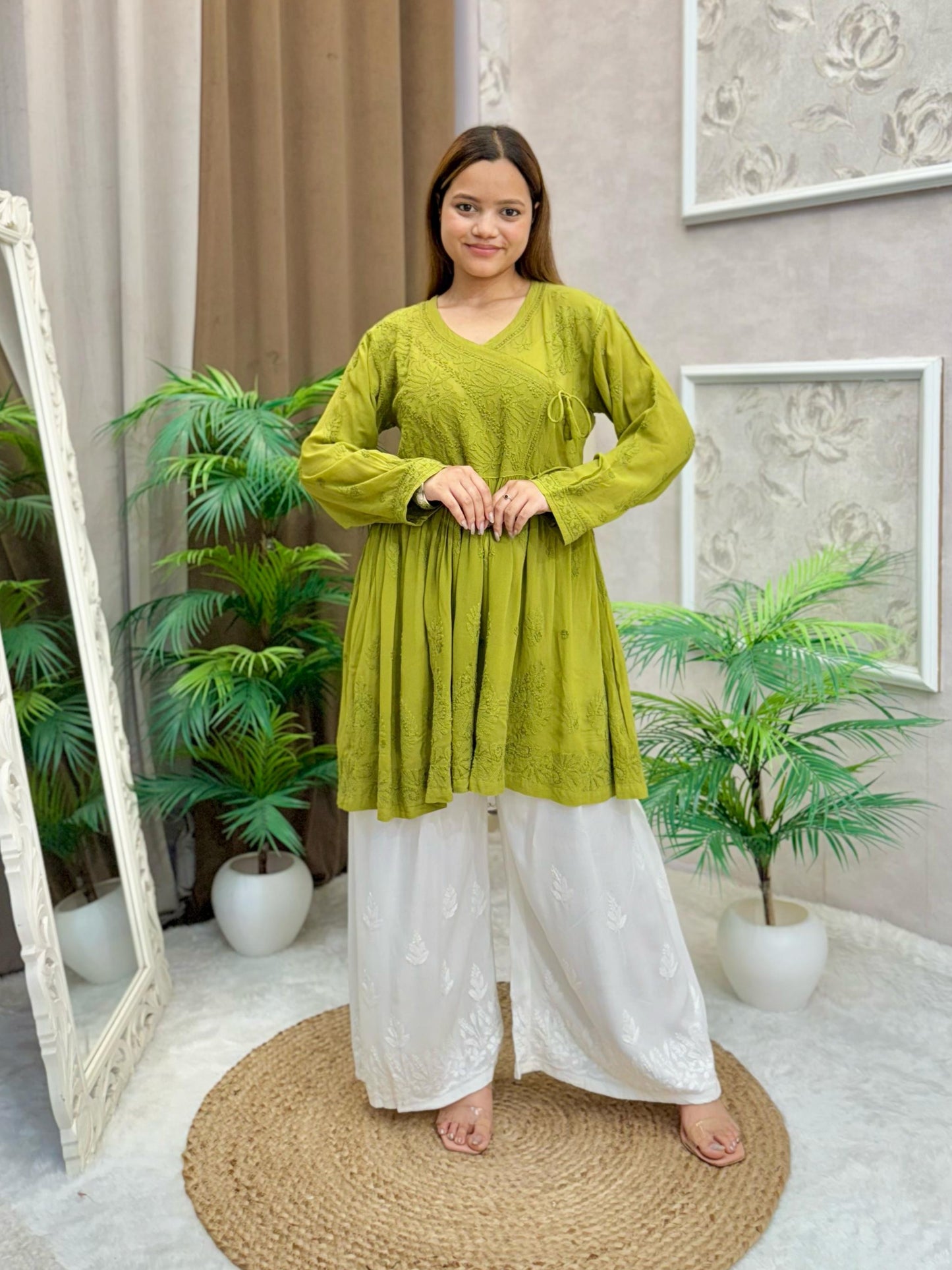 Olive green viscose short flared angrakha kurta with Lucknow chikankari embroidery