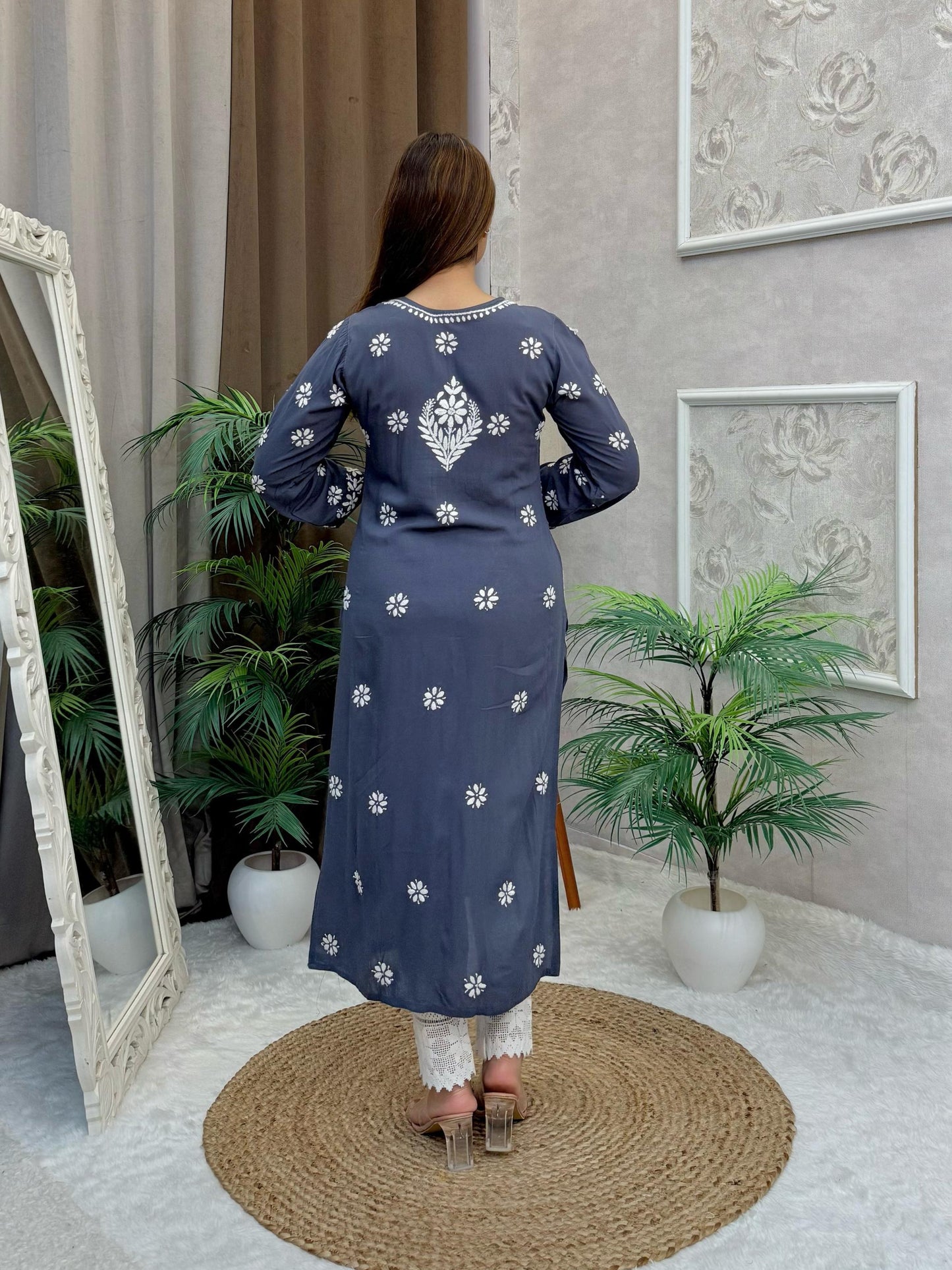 Grey modal fabric straight cut Lucknow Chikankari kurta with white thread embroidery
