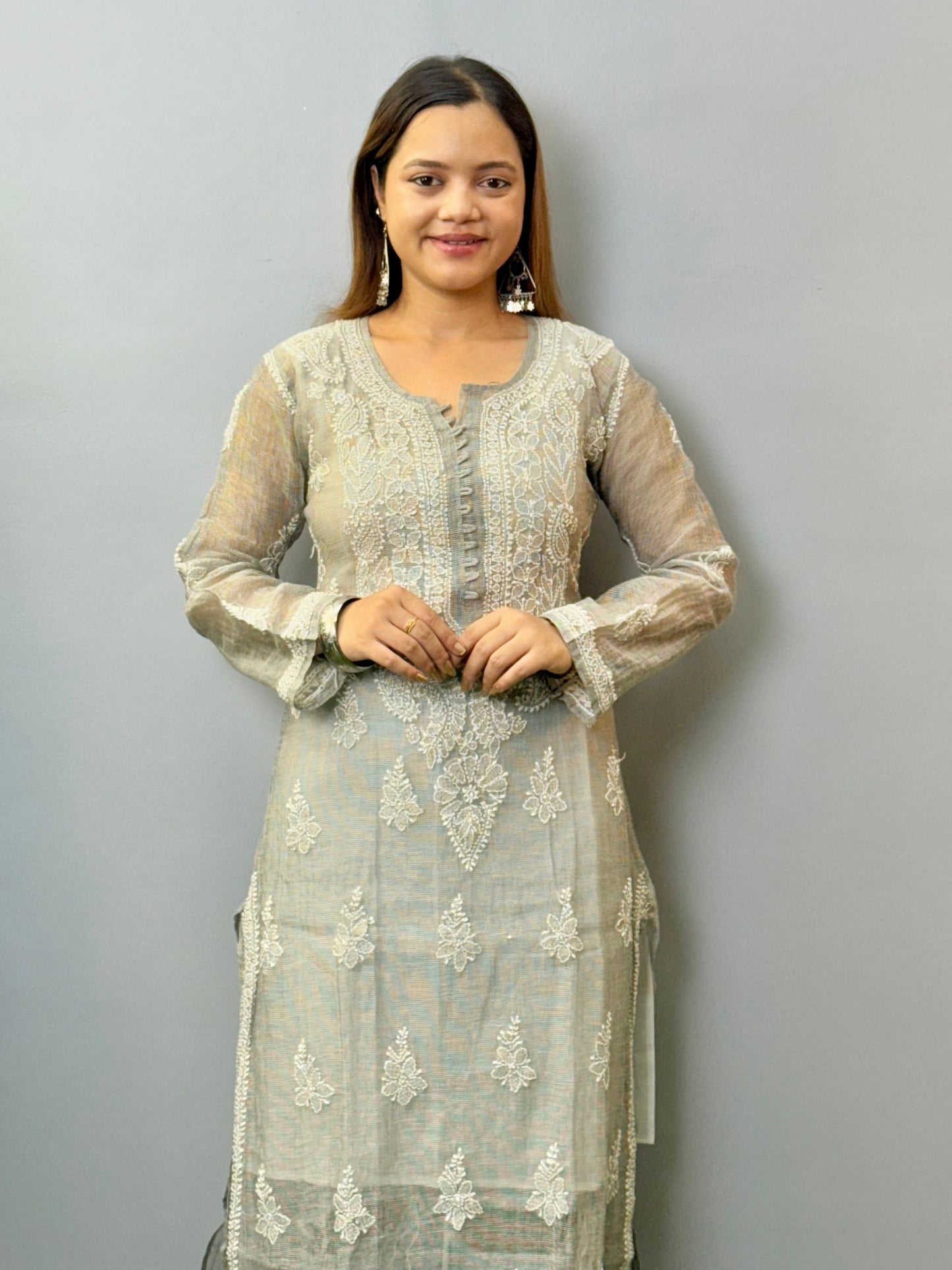 Muted stone grey kota chikankari kurta with white thread hand embroidery