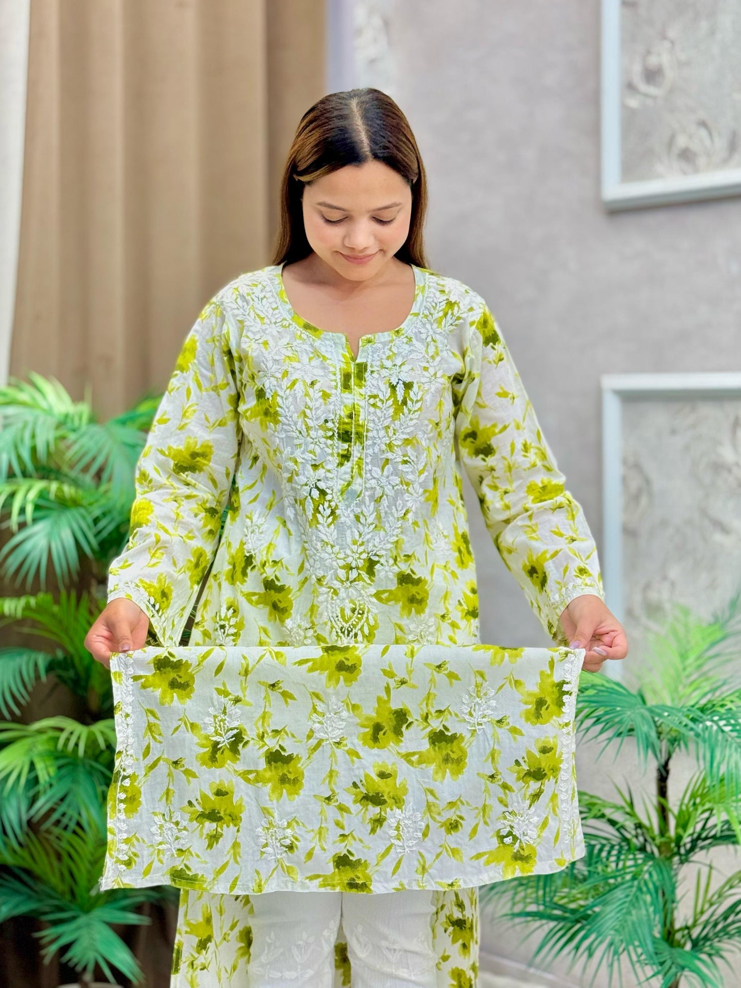 Lime green floral printed mulmul kurta with Lucknow chikankari embroidery