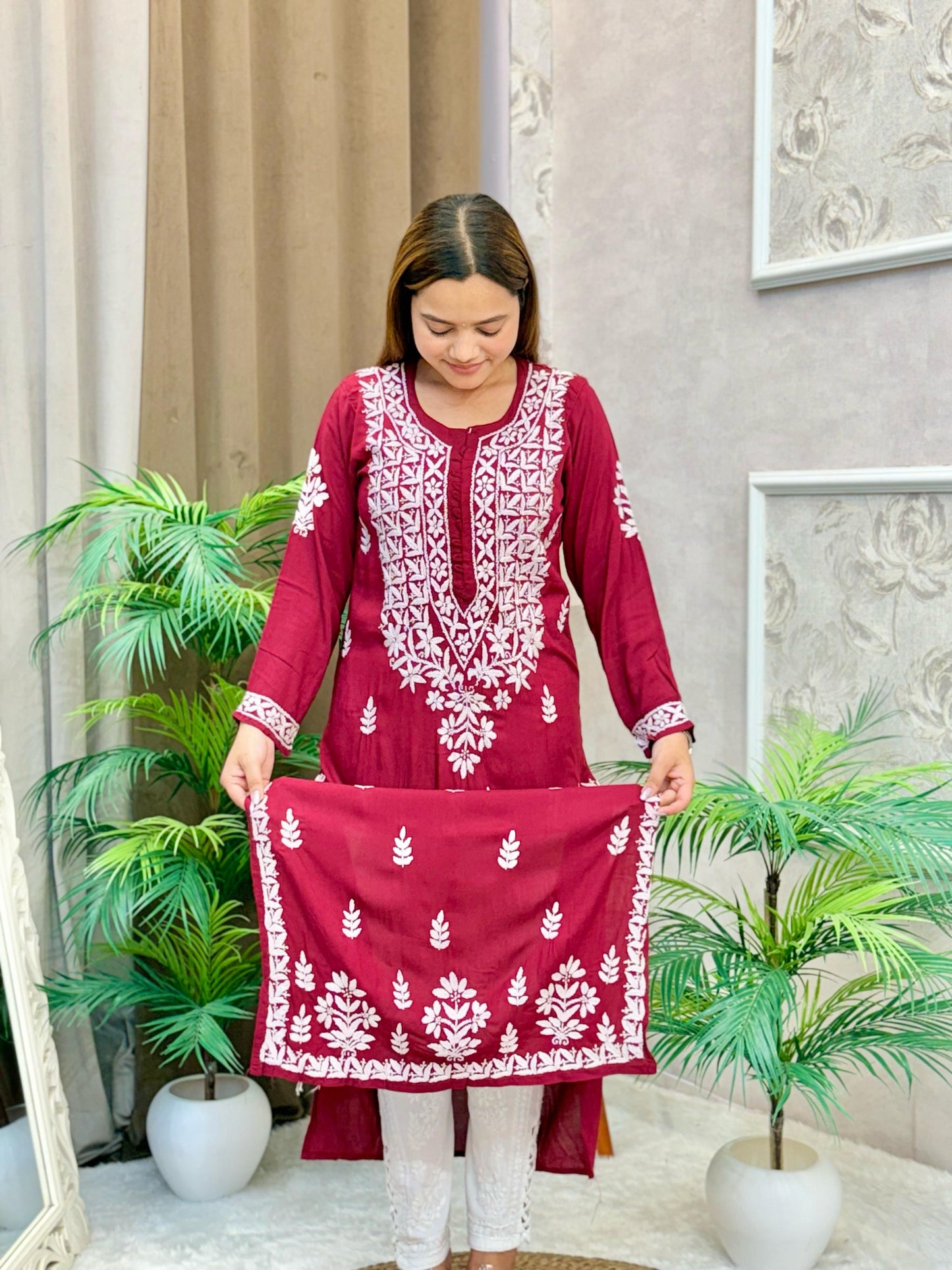 Maroon modal fabric Lucknow Chikankari kurta with white thread hand embroidery