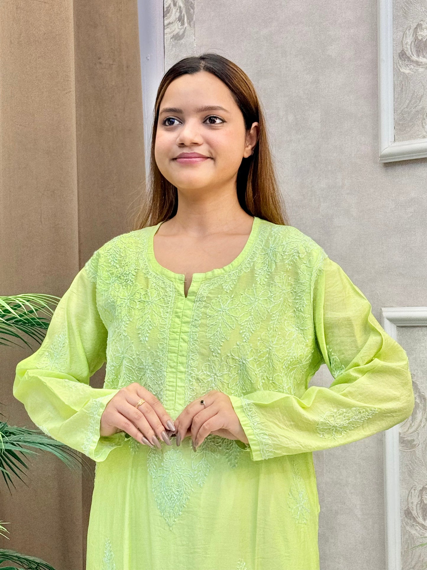 Lemon yellow chanderi Lucknow Chikankari kurta