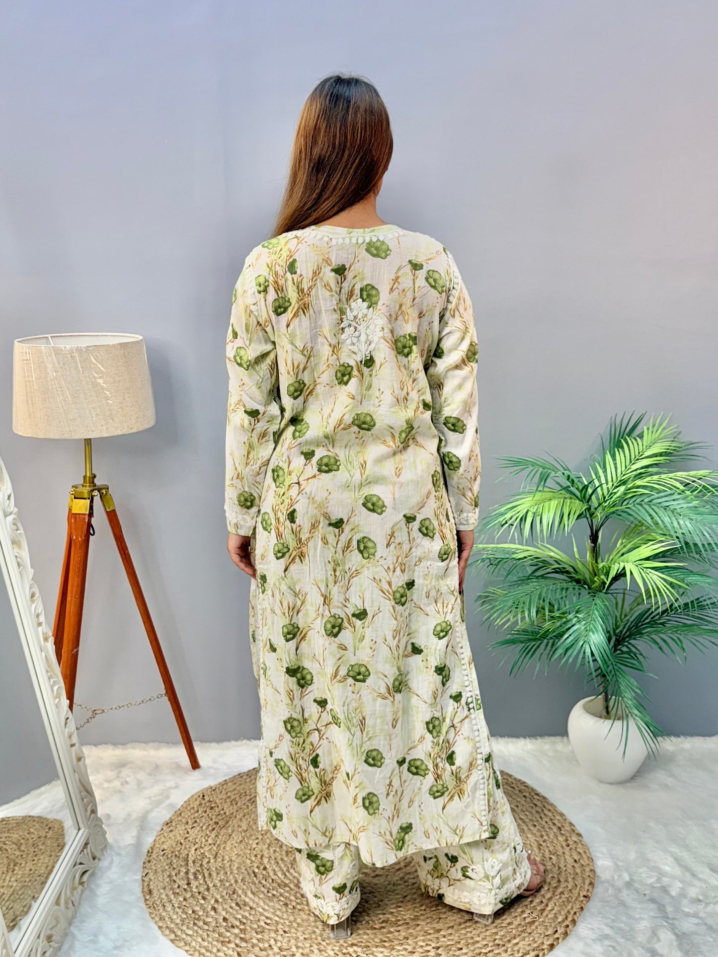 Beige floral printed mulmul Lucknow Chikankari kurta and palazzo set with 3D hand embroidery