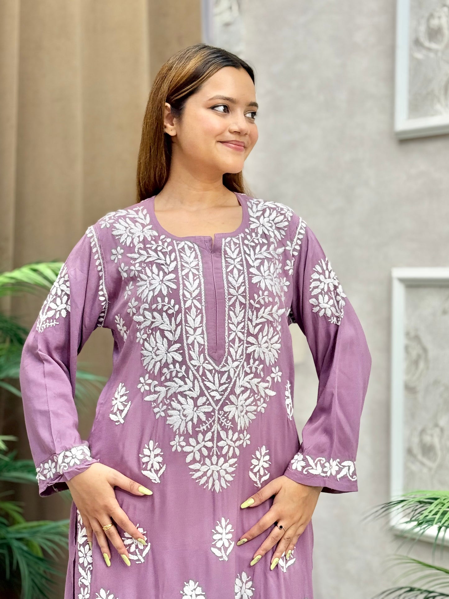 Lavender modal Lucknow Chikankari kurta with hand embroider