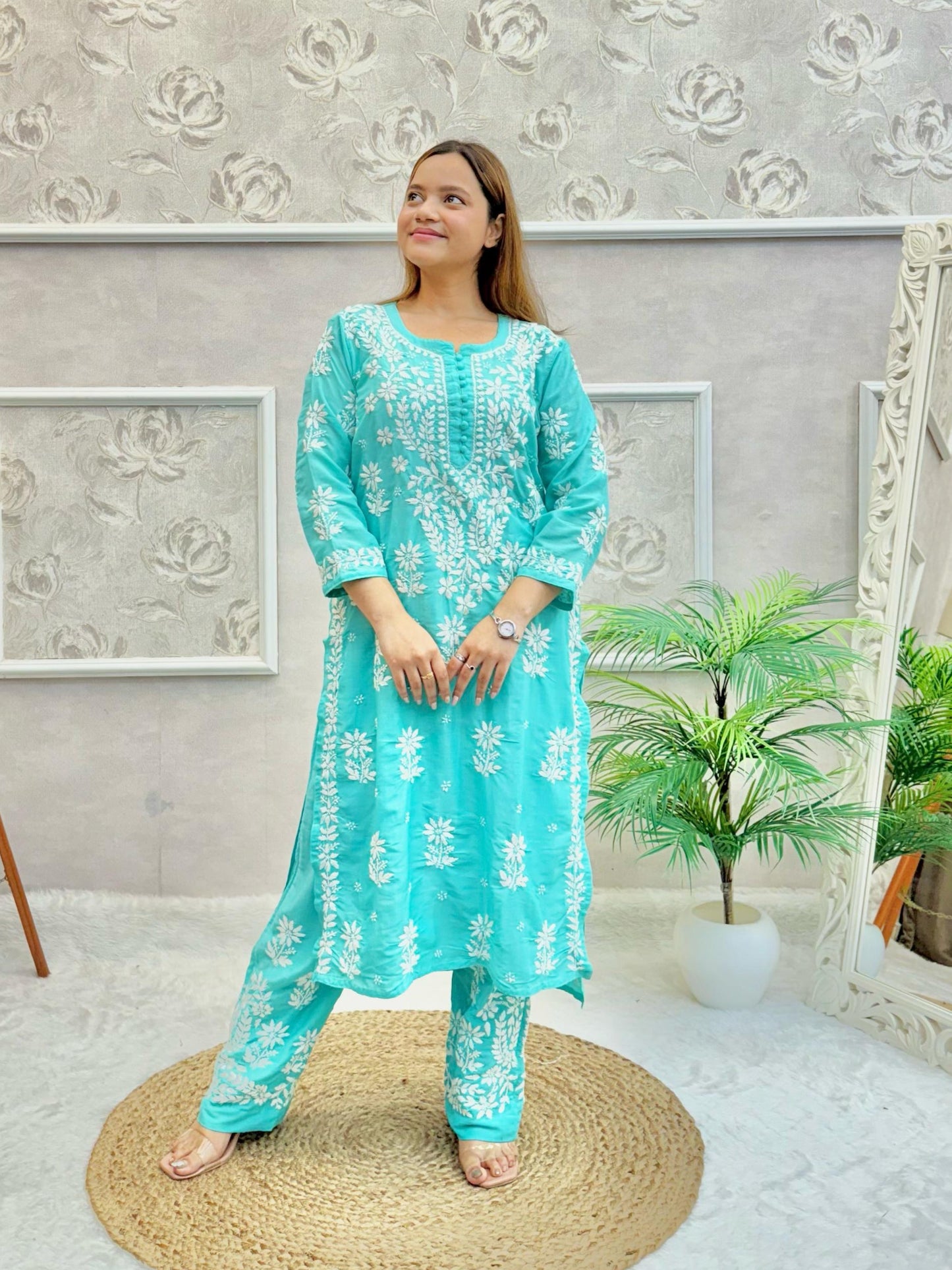 Teal muslin Lucknow Chikankari kurta and pant set with white hand embroidery