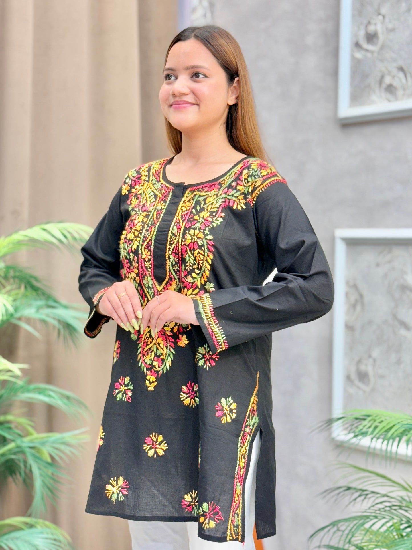 Black cotton short kurta with colorful Lucknow Chikankari floral embroidery