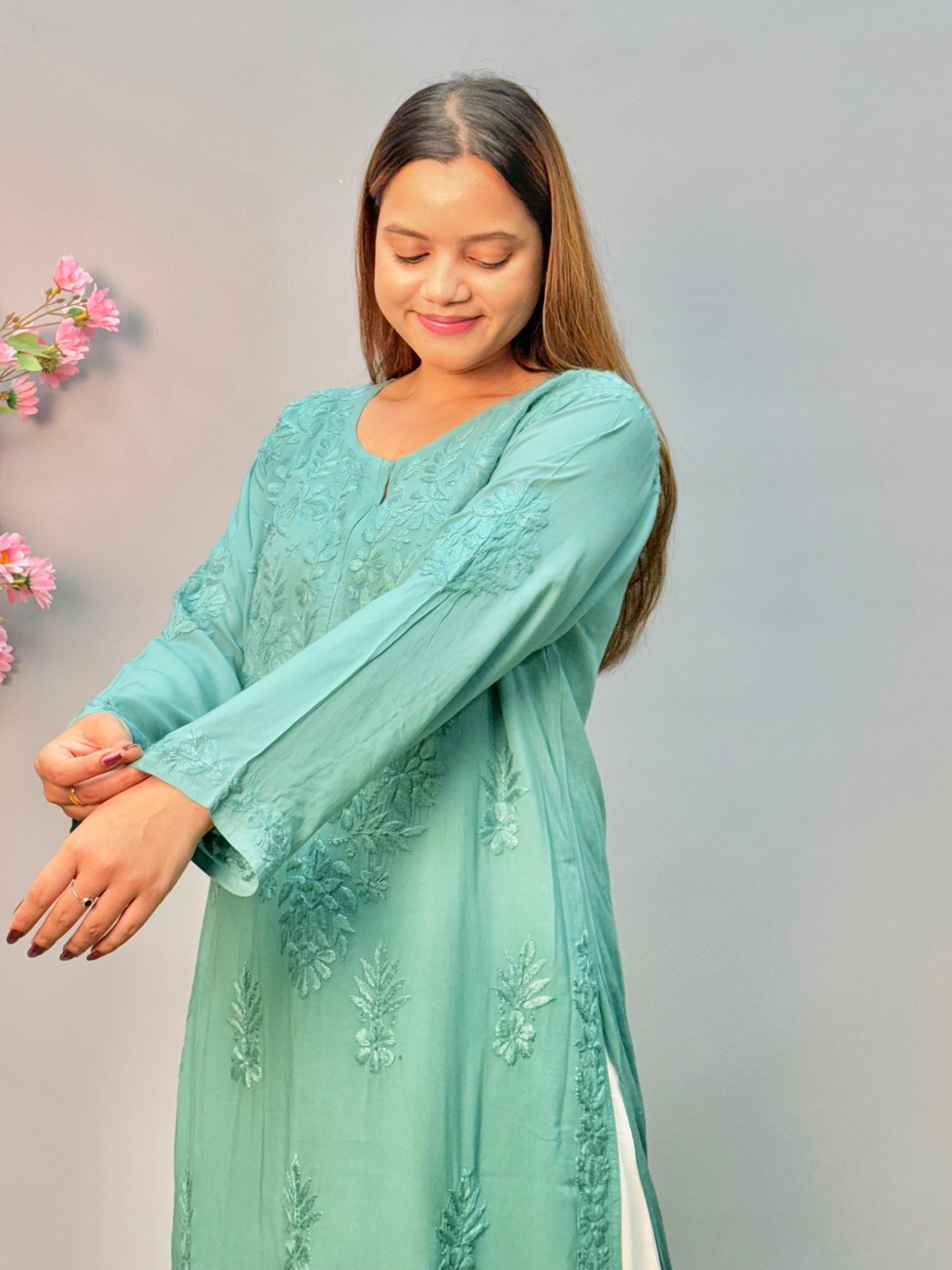 Sea green modal fabric Lucknow Chikankari long straight kurta with handcrafted embroidery