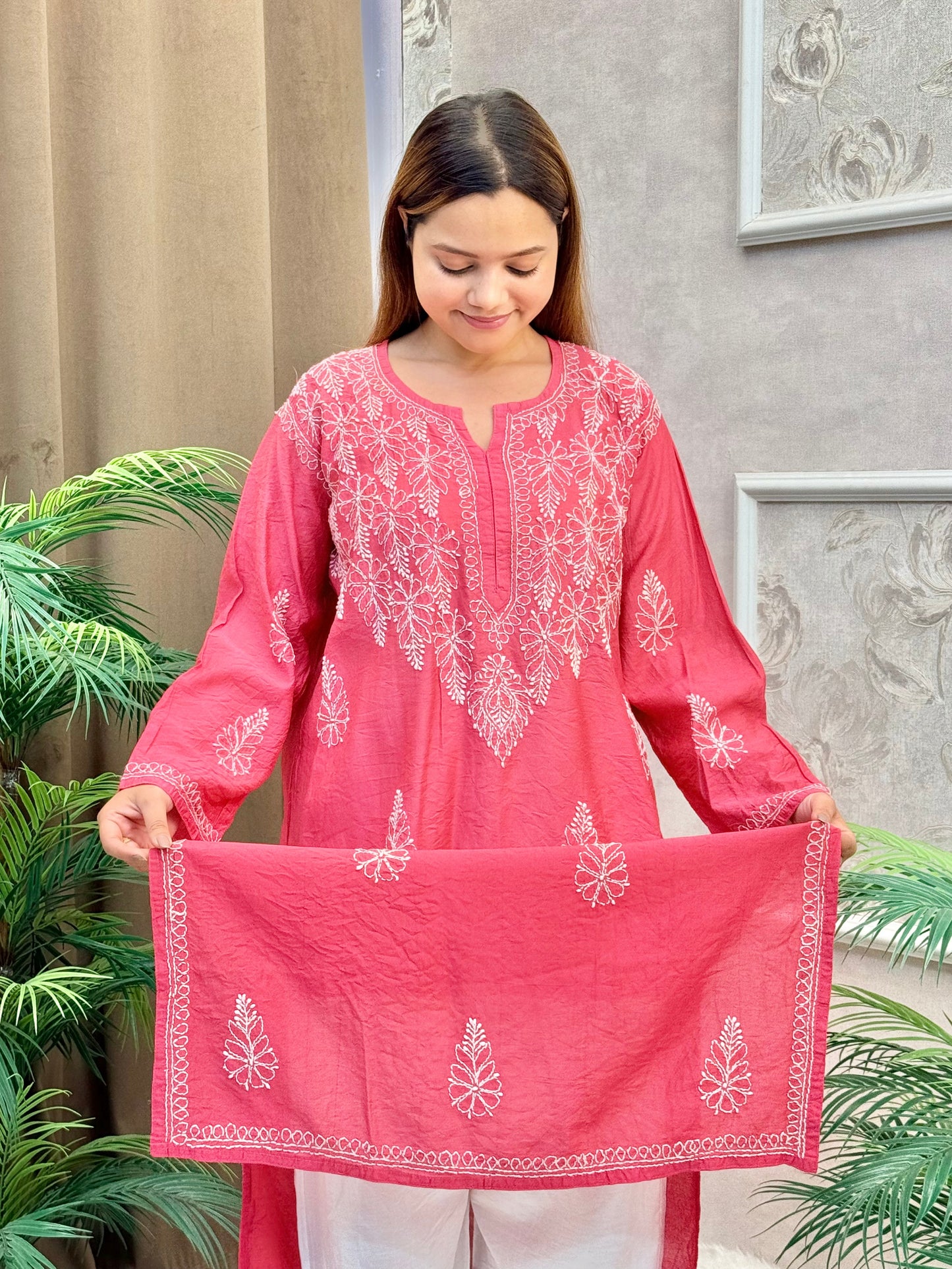 Rani pink chanderi Lucknow Chikankari kurta with bakhiya hand embroidery