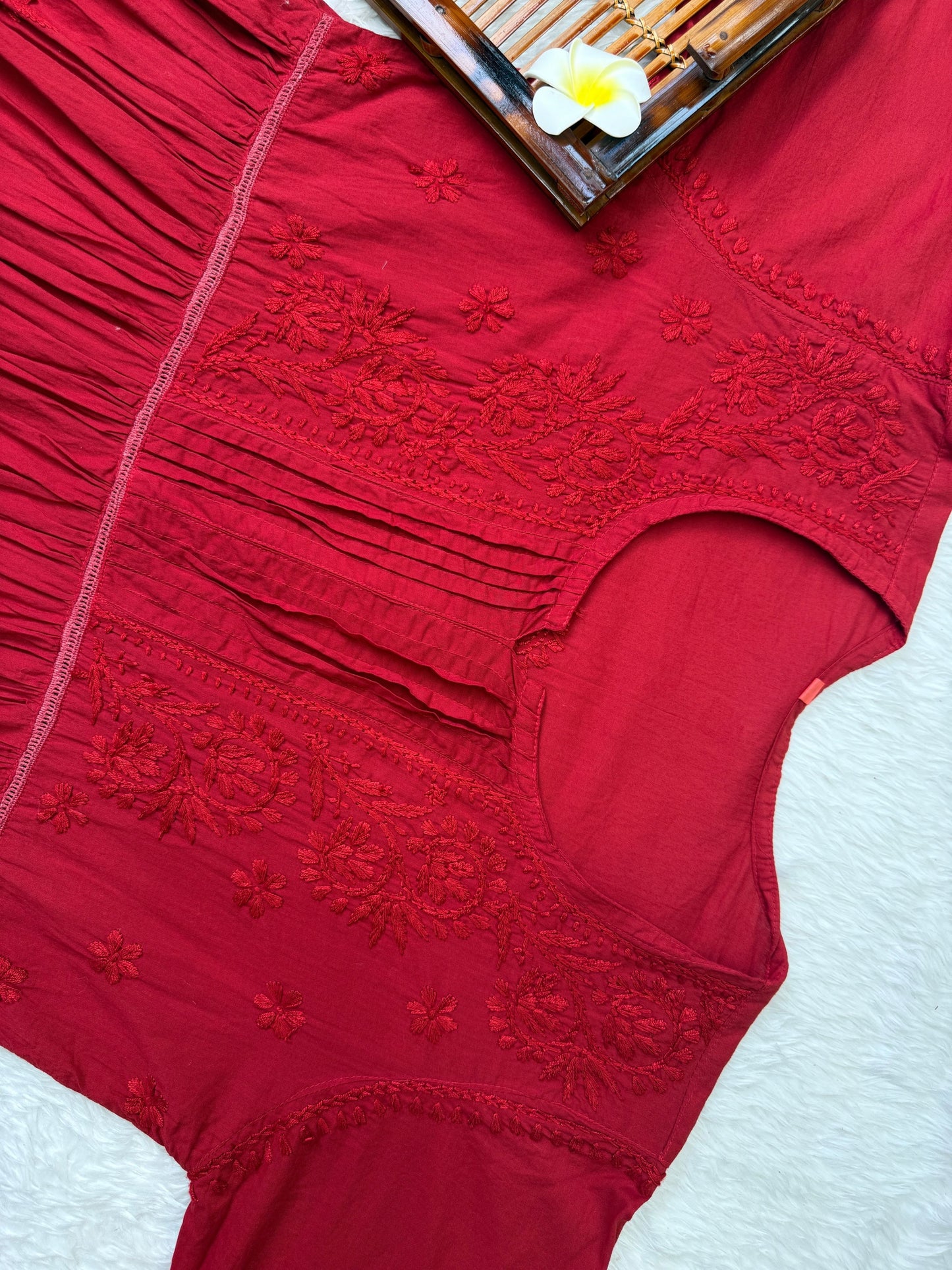 Red cotton short flair chikankari kurta with non-stretch pant and hand embroidery