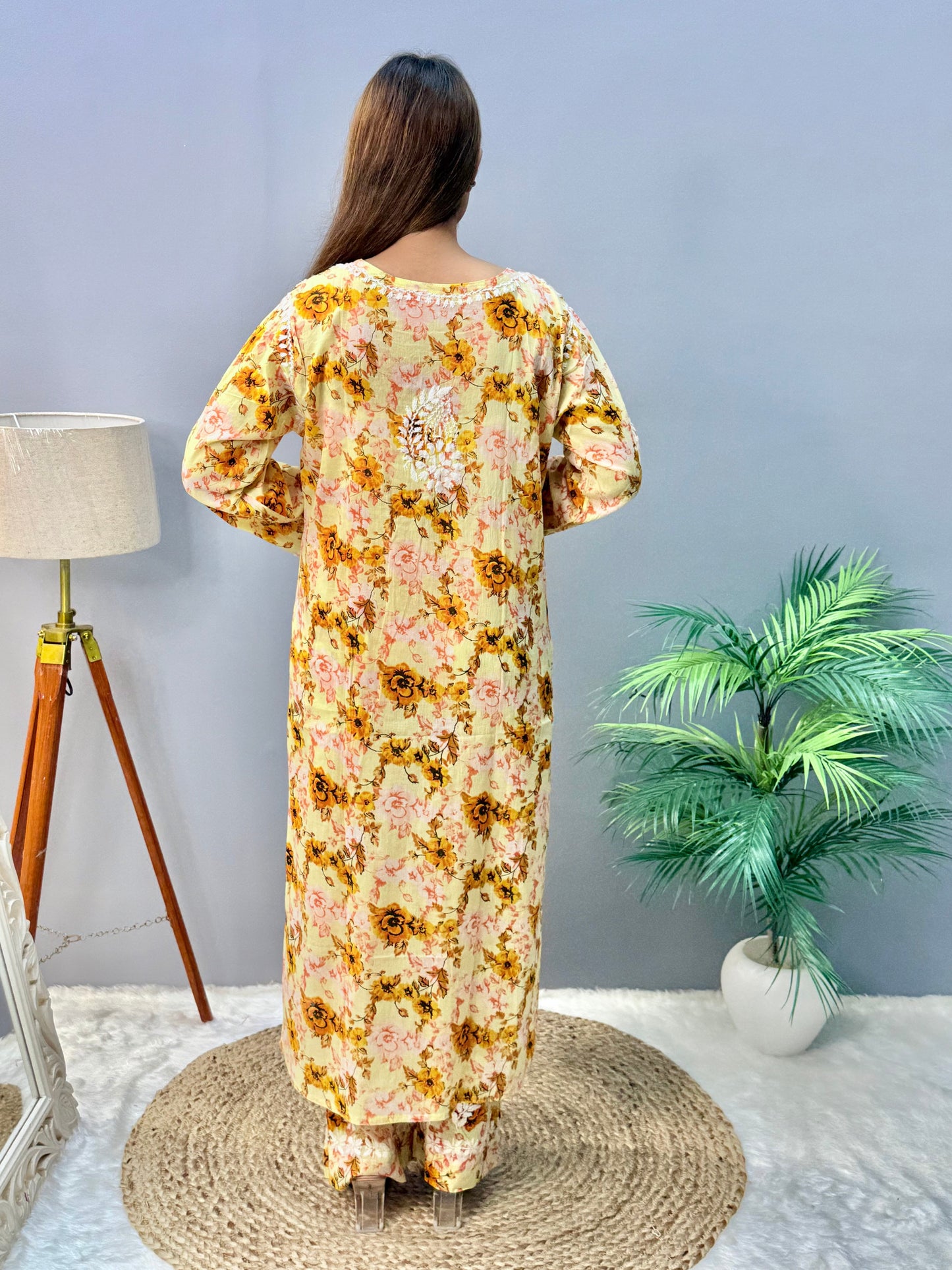 Sahar Sunshine – Yellow Floral Printed Mulmul Chikankari Kurta Pant Set