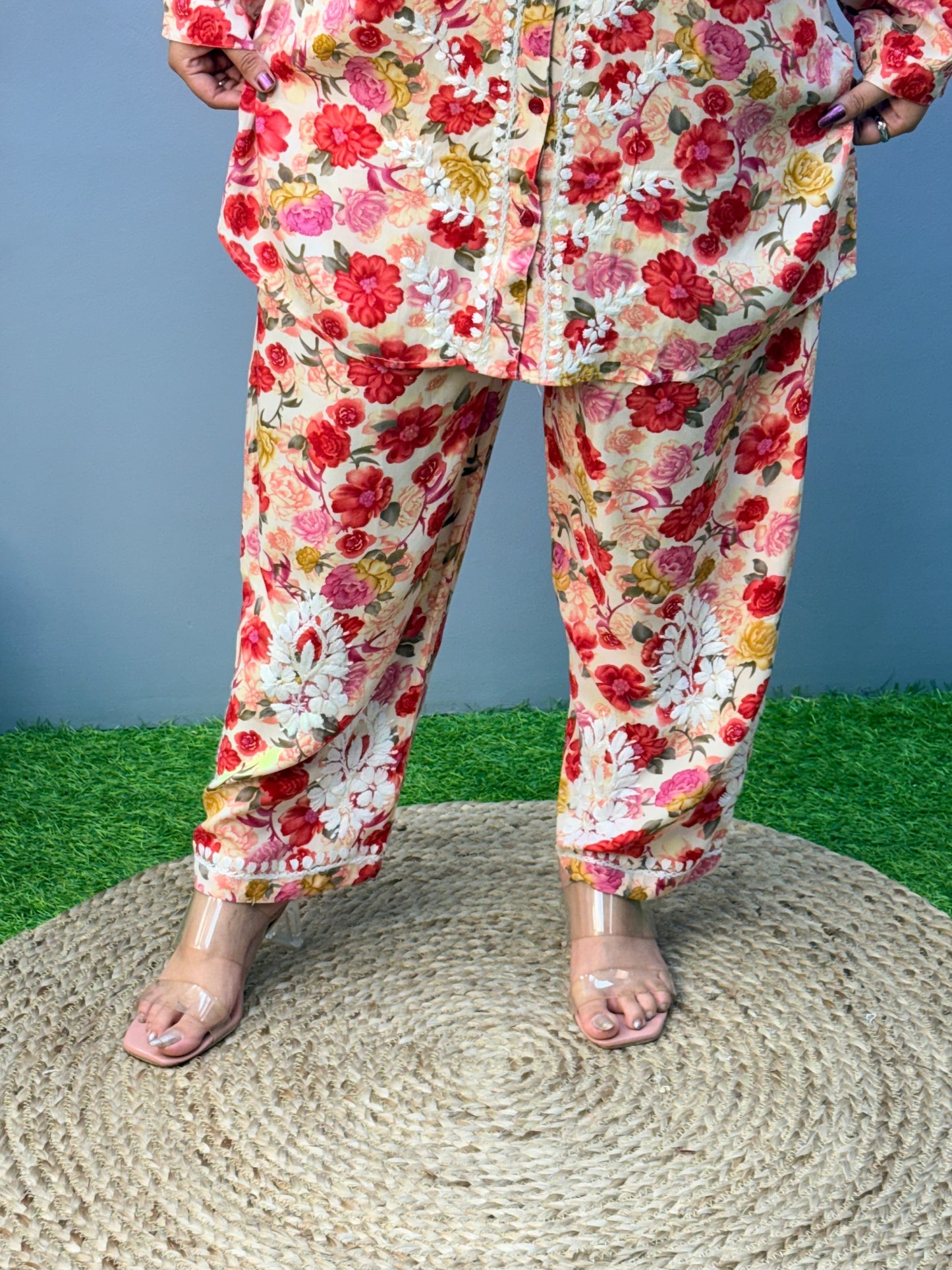 Red floral printed rayon co-ord set with Lucknow Chikankari embroidery