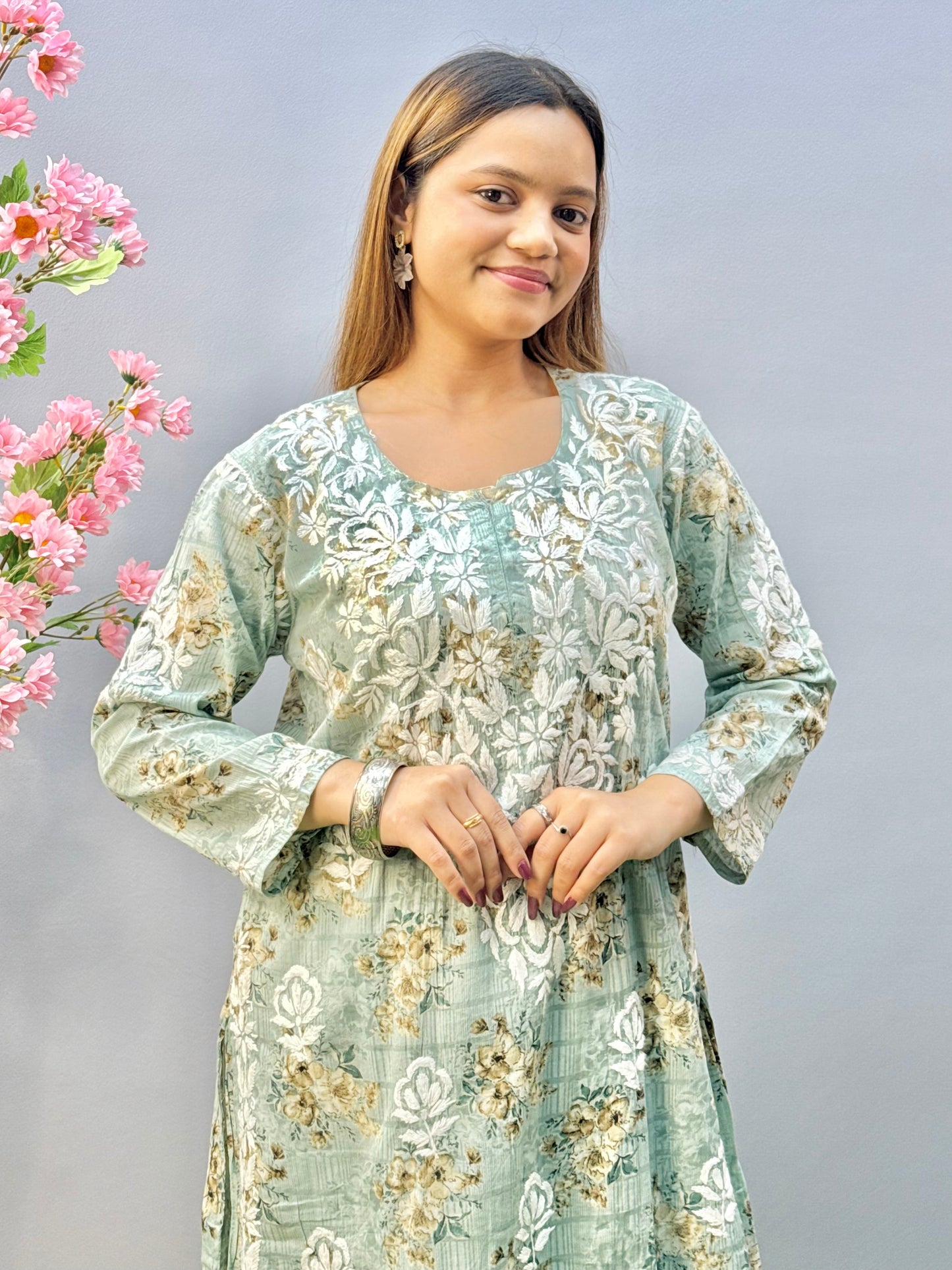 Mint green floral mulmul chikankari kurta and palazzo set with lace detailing