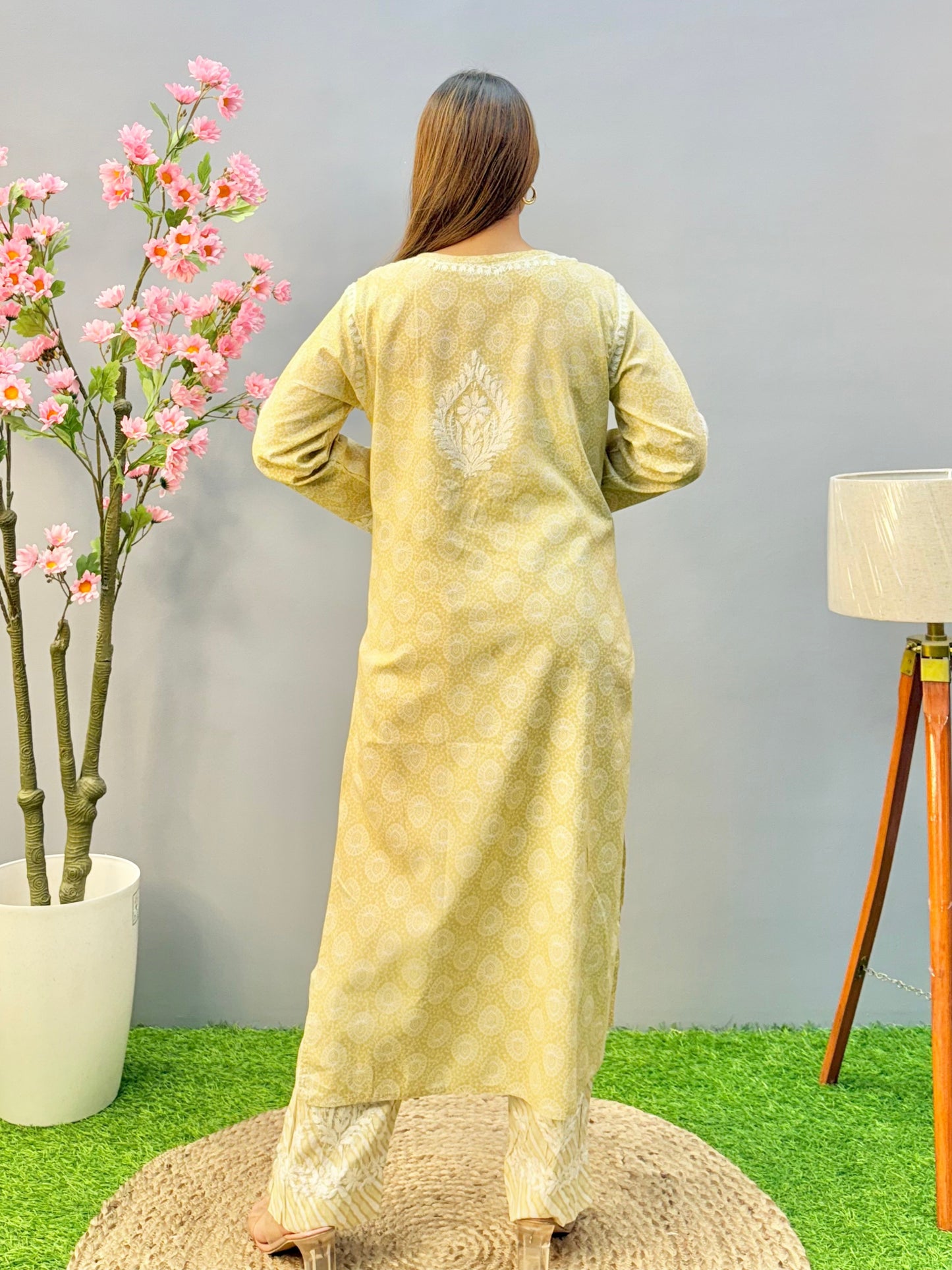 Beige printed Lucknow chikankari kurta and pant set in soft mulmul fabric