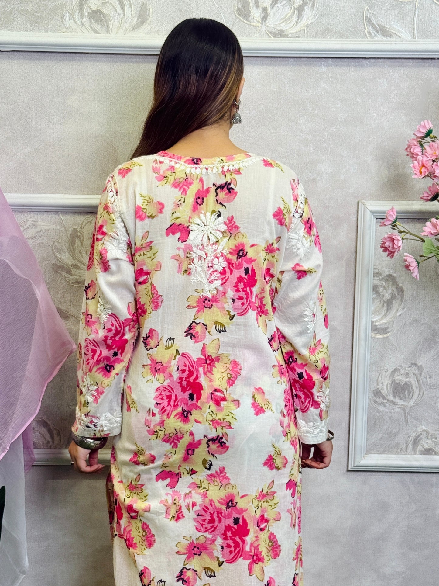 Lucknow Chikankari printed white and pink floral mulmul kurta palazzo set with pastel chiffon dupatta and hand embroidery