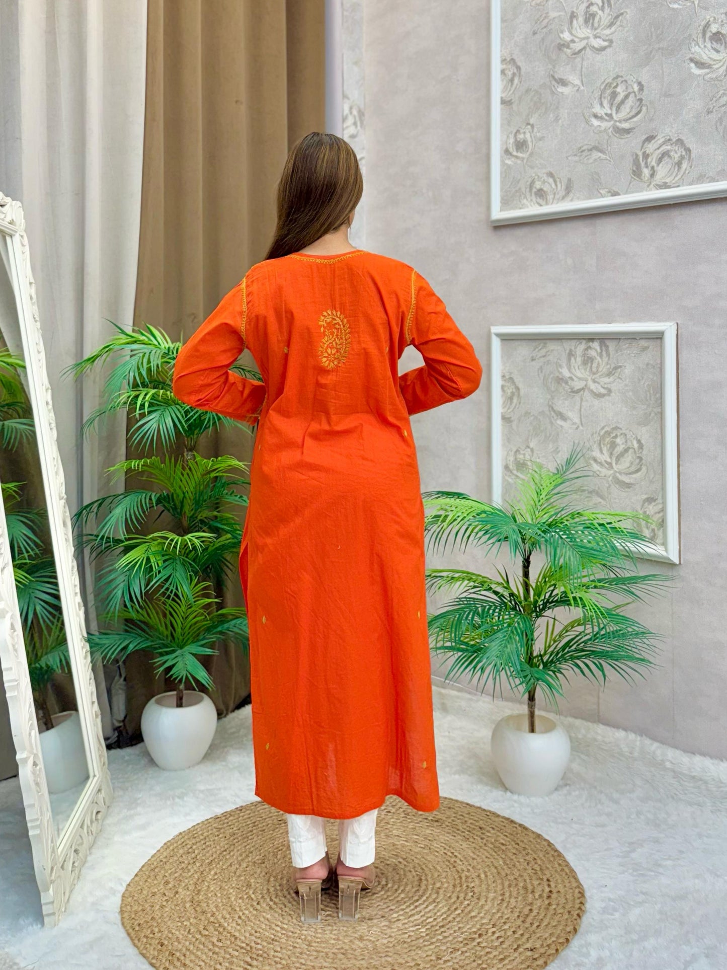 Fiery orange cotton kurta with golden contrast thread Lucknow chikankari embroidery