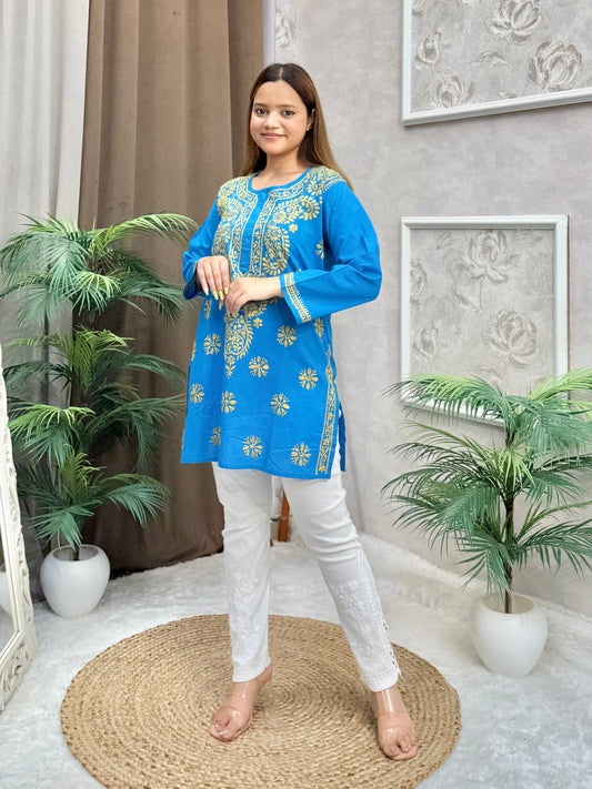 Blue cotton short kurta with golden floral Lucknow Chikankari embroidery