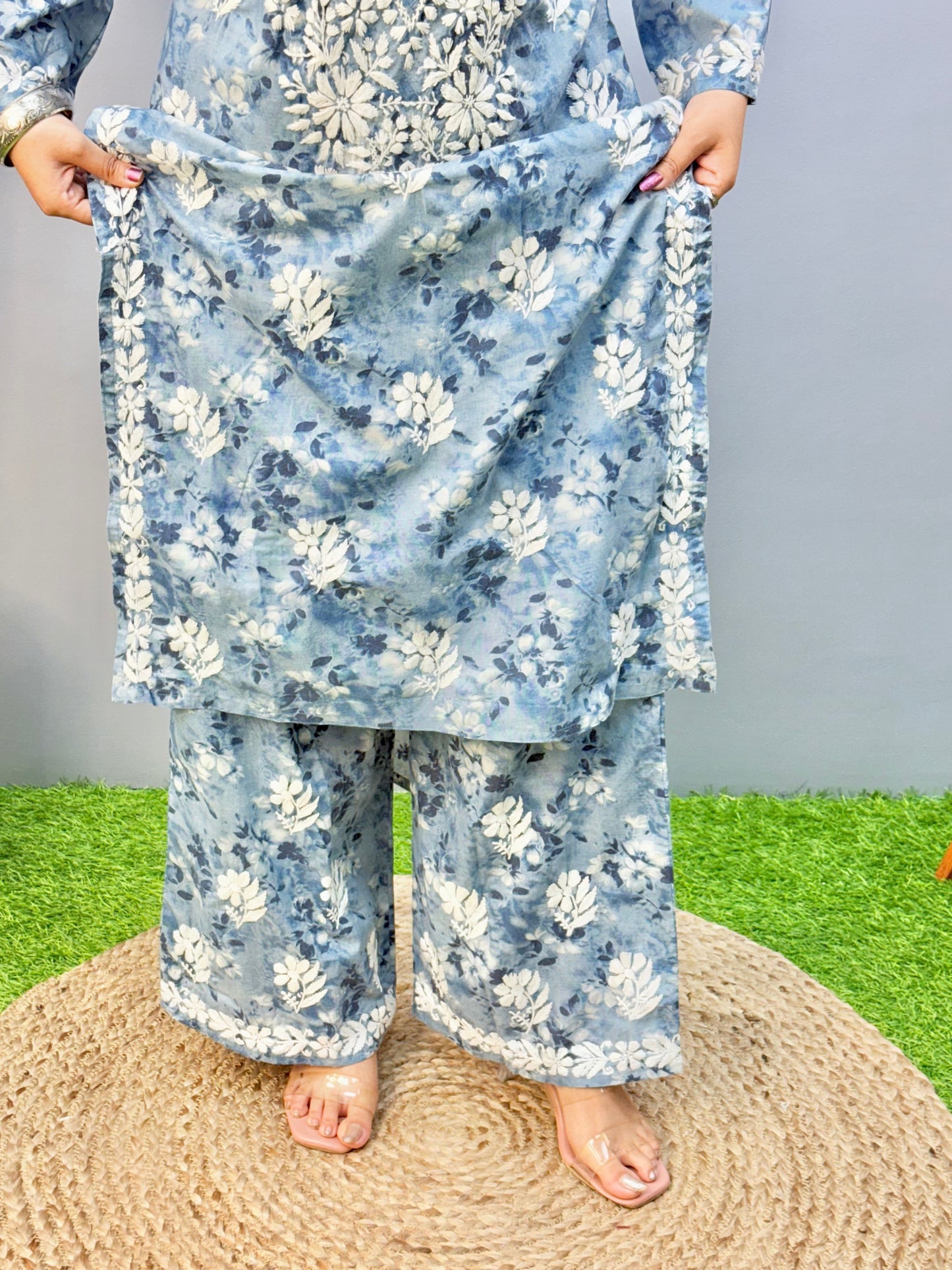 Dusty blue printed Lucknow chikankari kurta and palazzo set in soft mulmul fabric