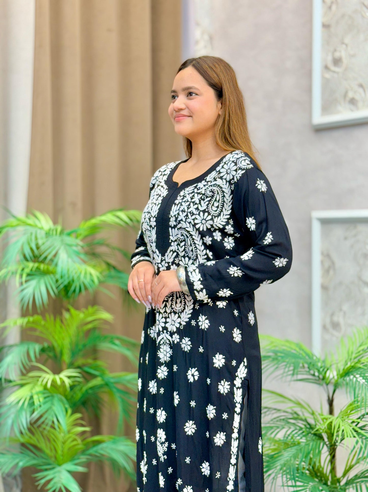 Black modal kurta with white Lucknow Chikankari embroidery