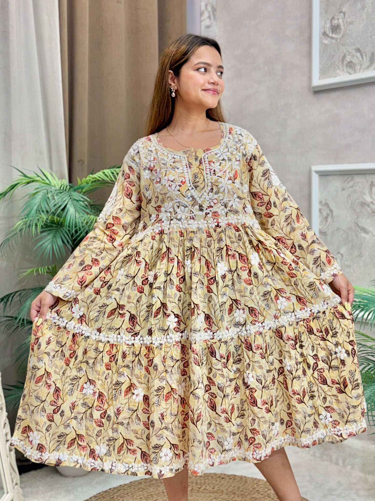 Printed Beige Mulmul Chikankari Frock – Flared Knee-Length Kurta