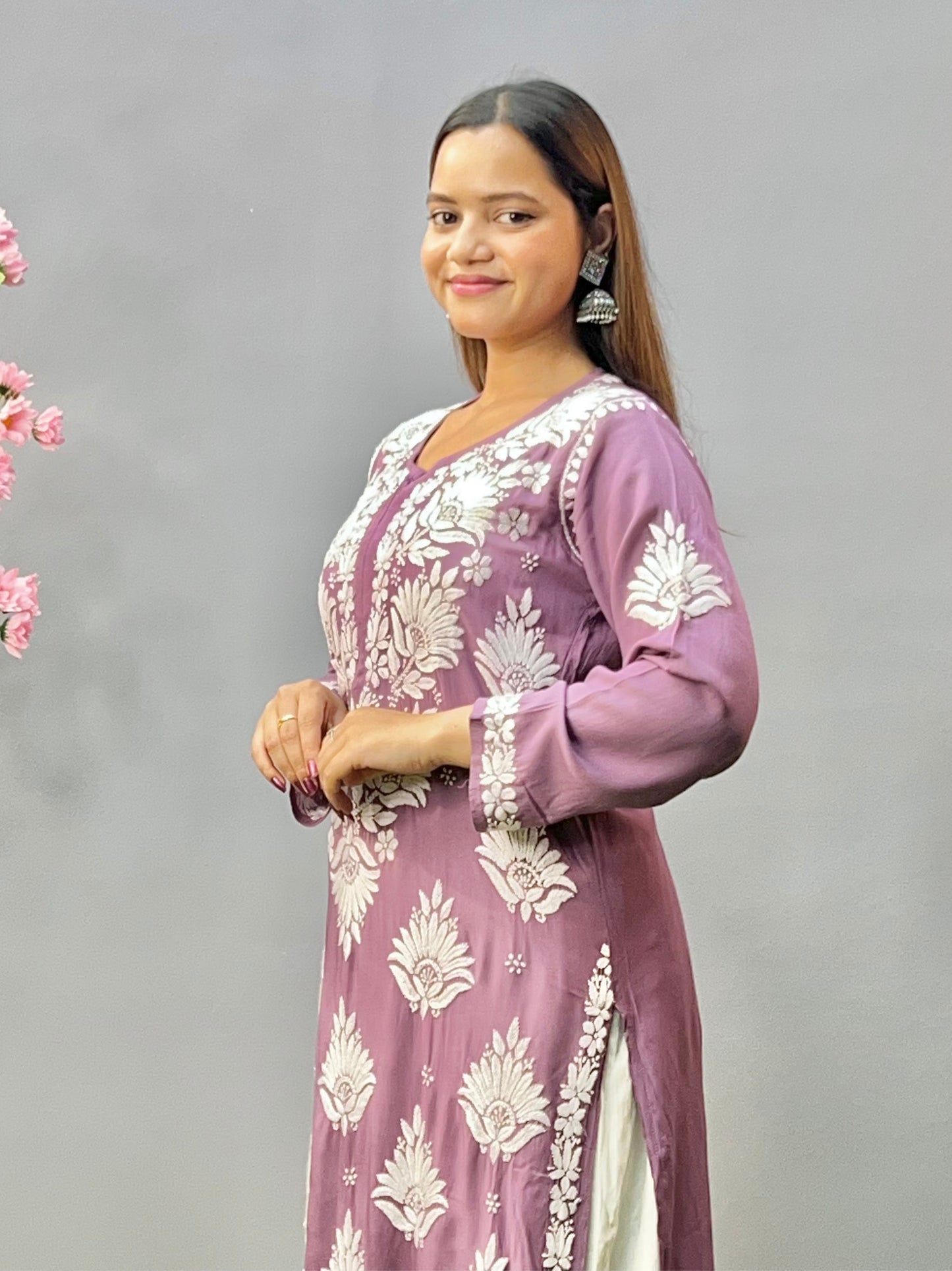 Lavender modal fabric chikankari kurta with white embroidery
