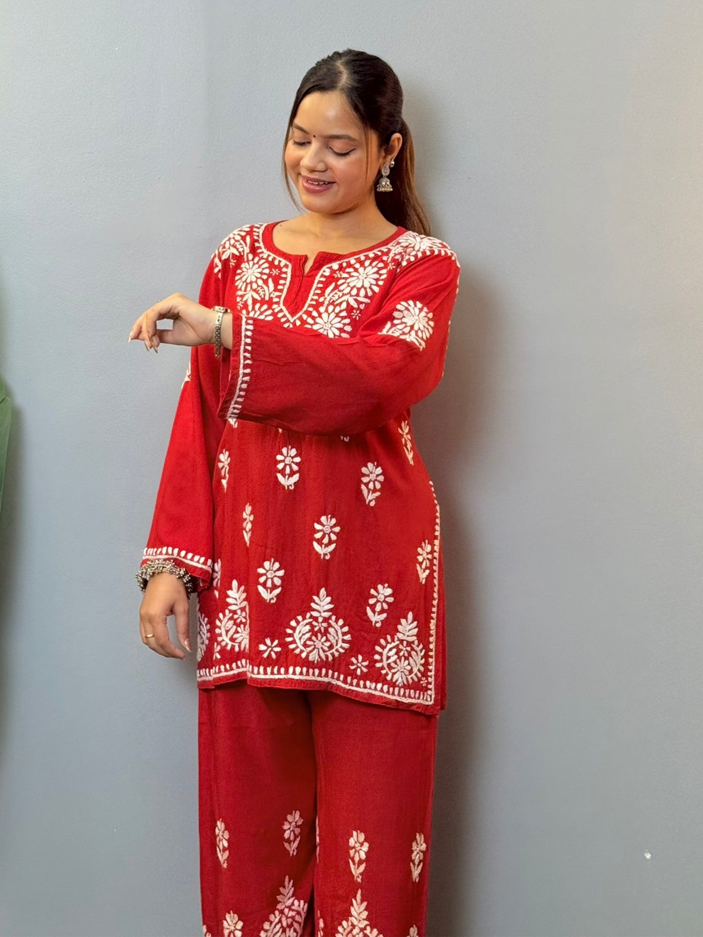 Red rayon chikankari short kurta and pant set with white hand embroidery