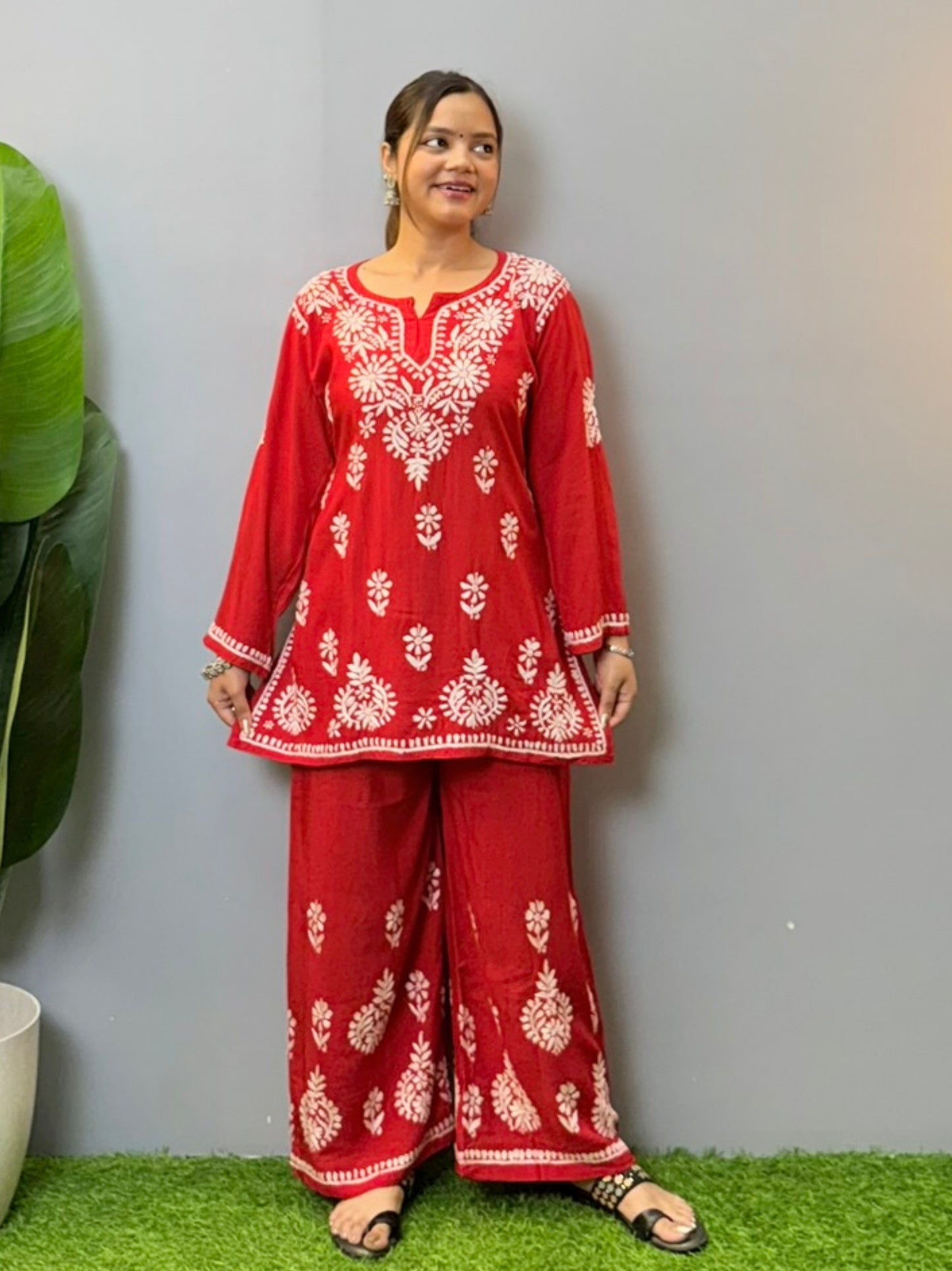 Red rayon chikankari short kurta and pant set with white hand embroidery