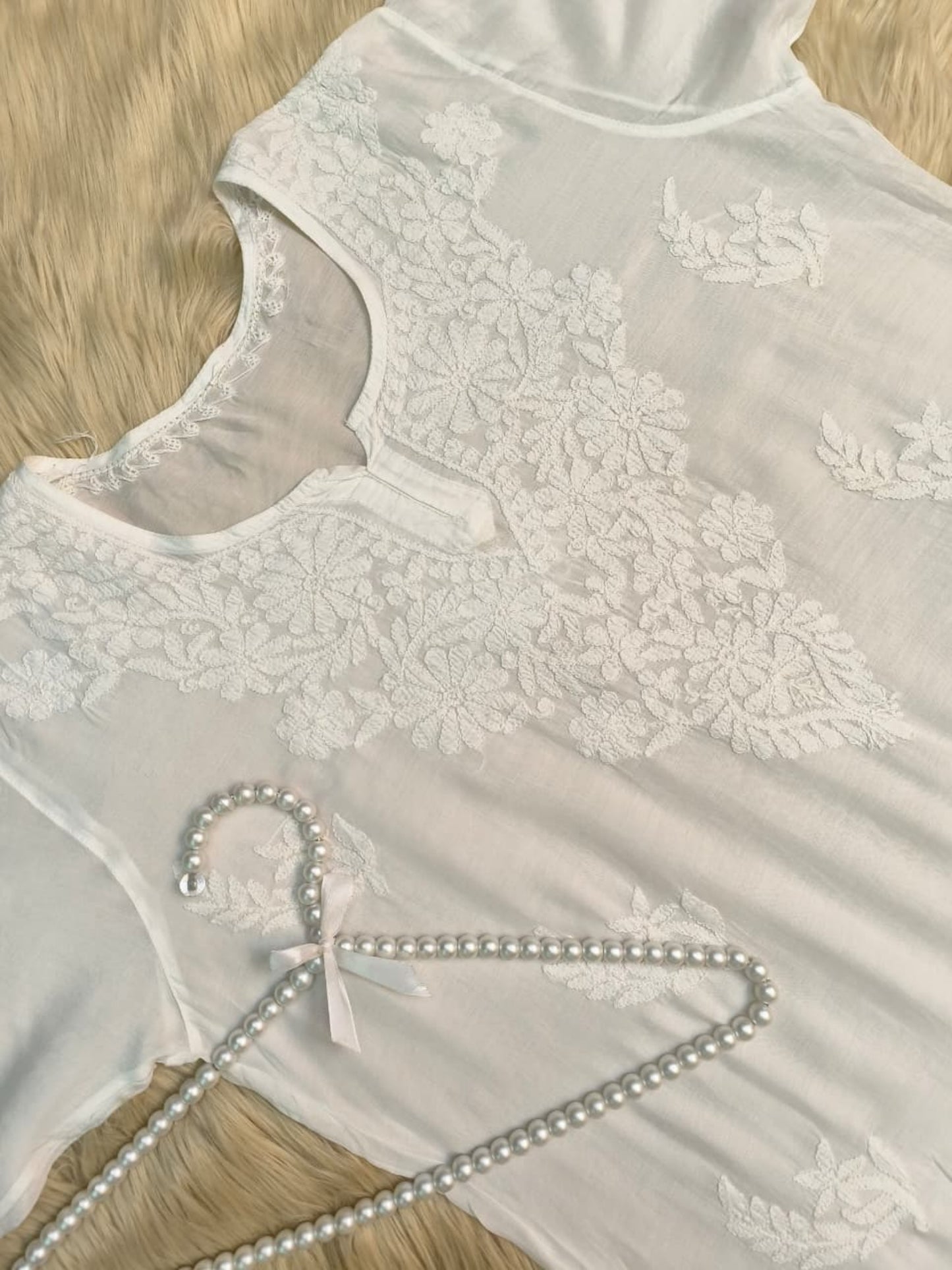 White muslin Lucknow Chikankari kurta with hand embroidery, dyable fabric