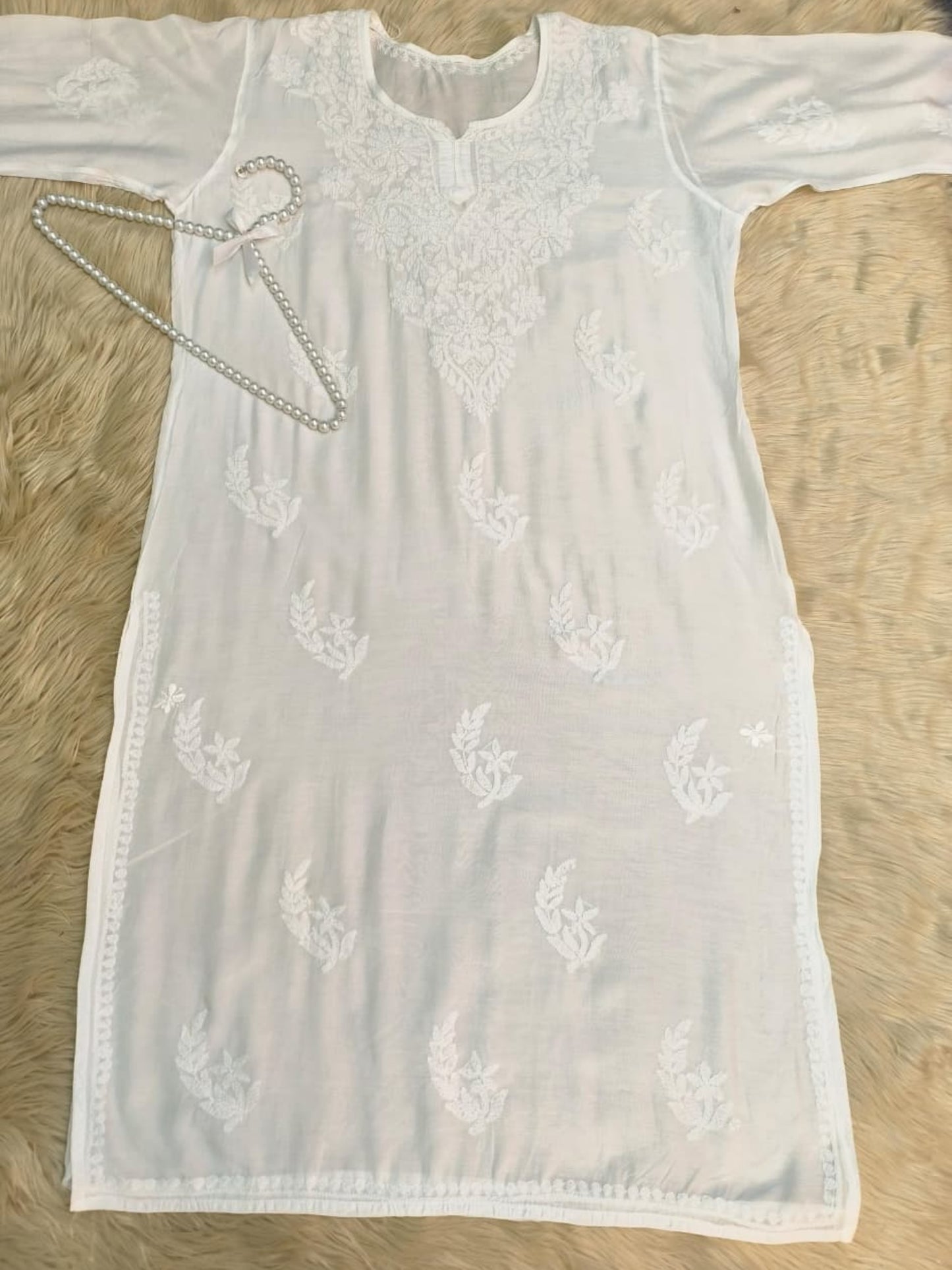 White muslin Lucknow Chikankari kurta with hand embroidery, dyable fabric
