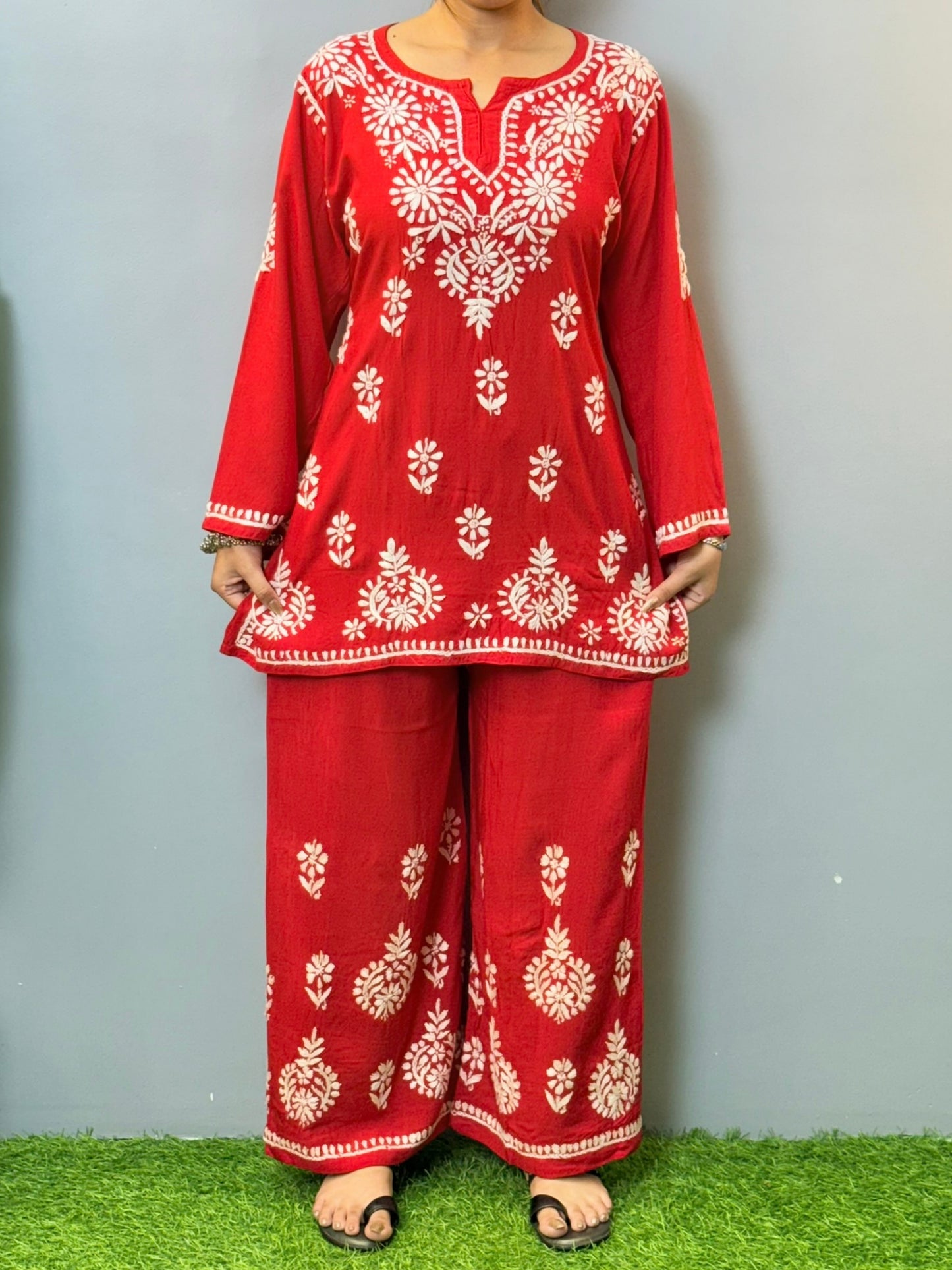 Red rayon chikankari short kurta and pant set with white hand embroidery
