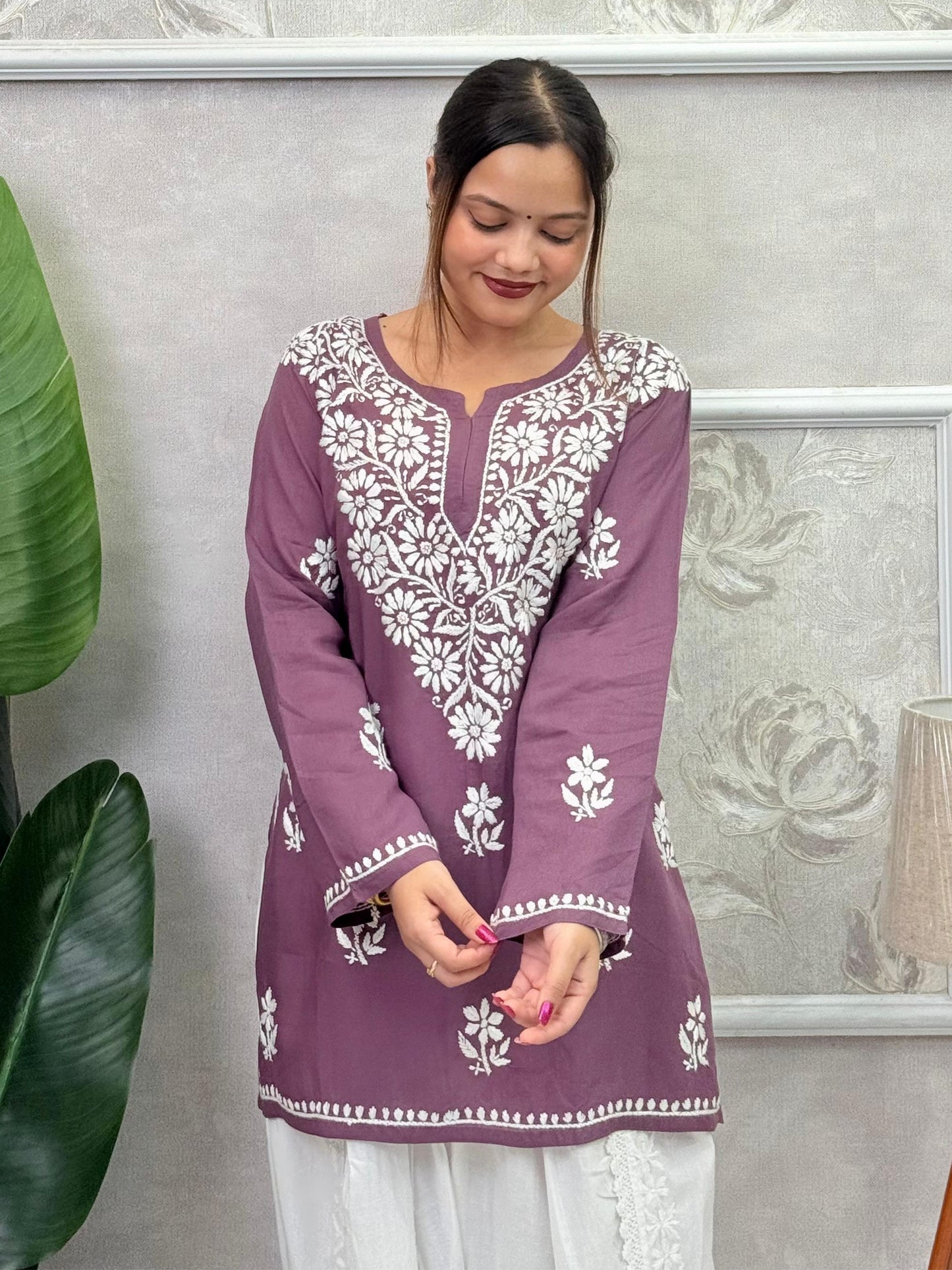 Plum purple modal short kurta with white Lucknow Chikankari hand embroidery – premium, soft, and elegant