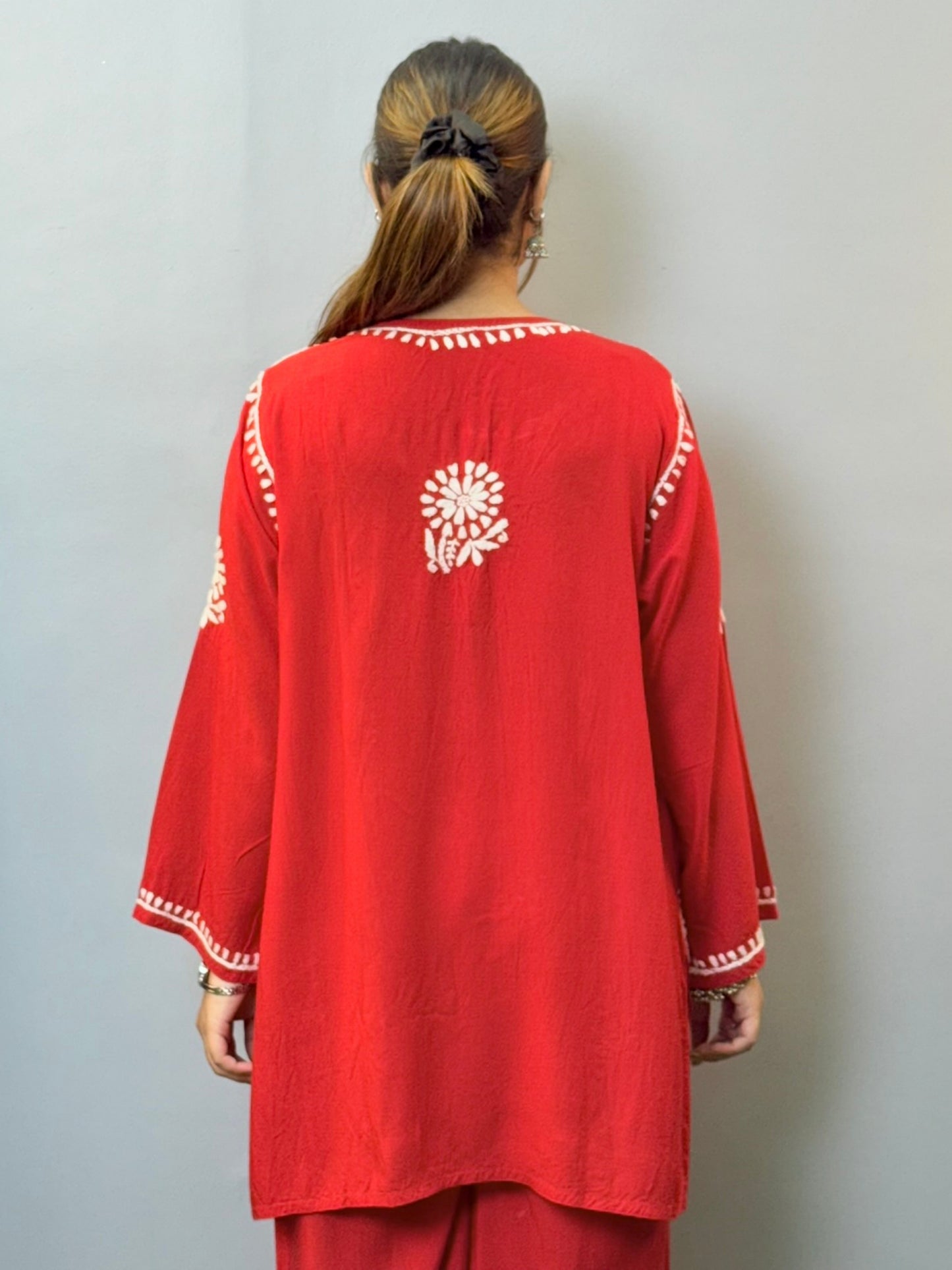 Red rayon chikankari short kurta and pant set with white hand embroidery