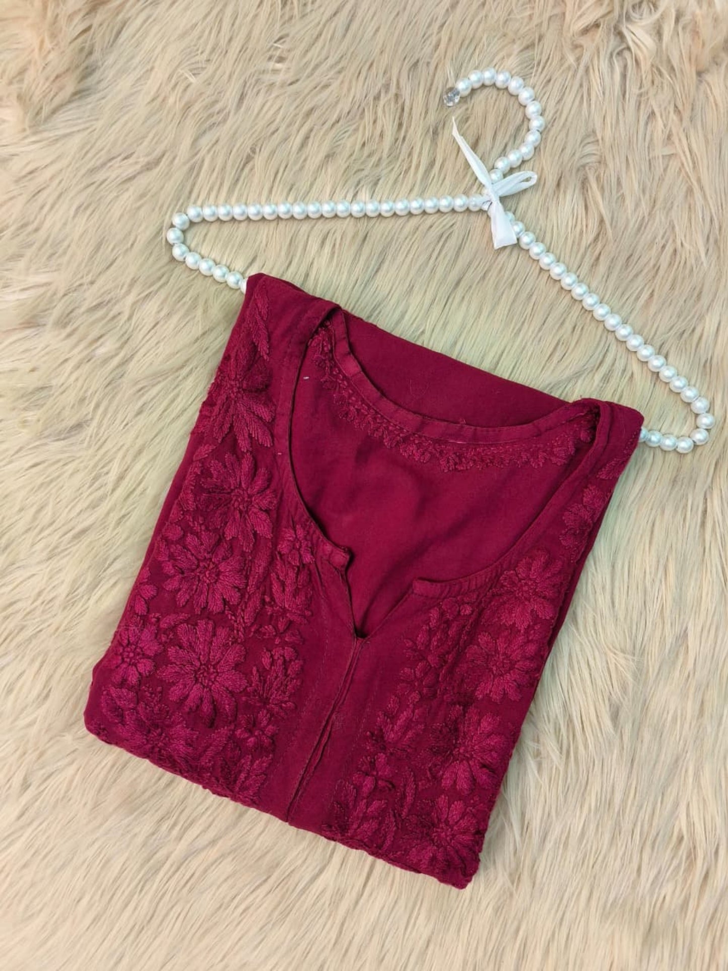 Wine color Lucknow Chikankari rayon kurta with hand embroidery, soft and premium quality.