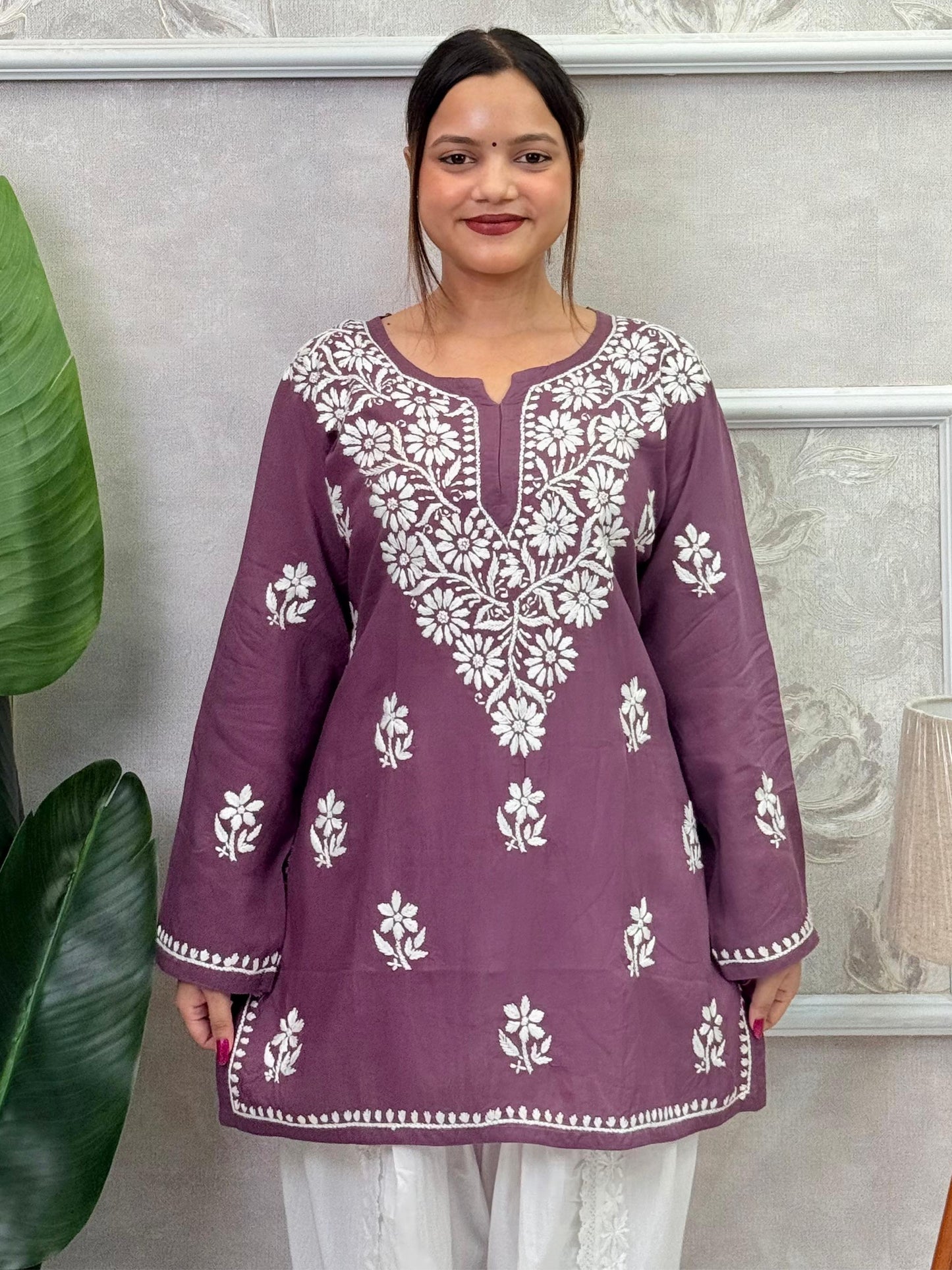 Plum purple modal short kurta with white Lucknow Chikankari hand embroidery – premium, soft, and elegant