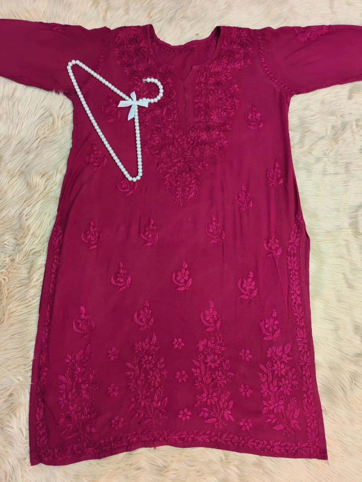 Wine color Lucknow Chikankari rayon kurta with hand embroidery, soft and premium quality.
