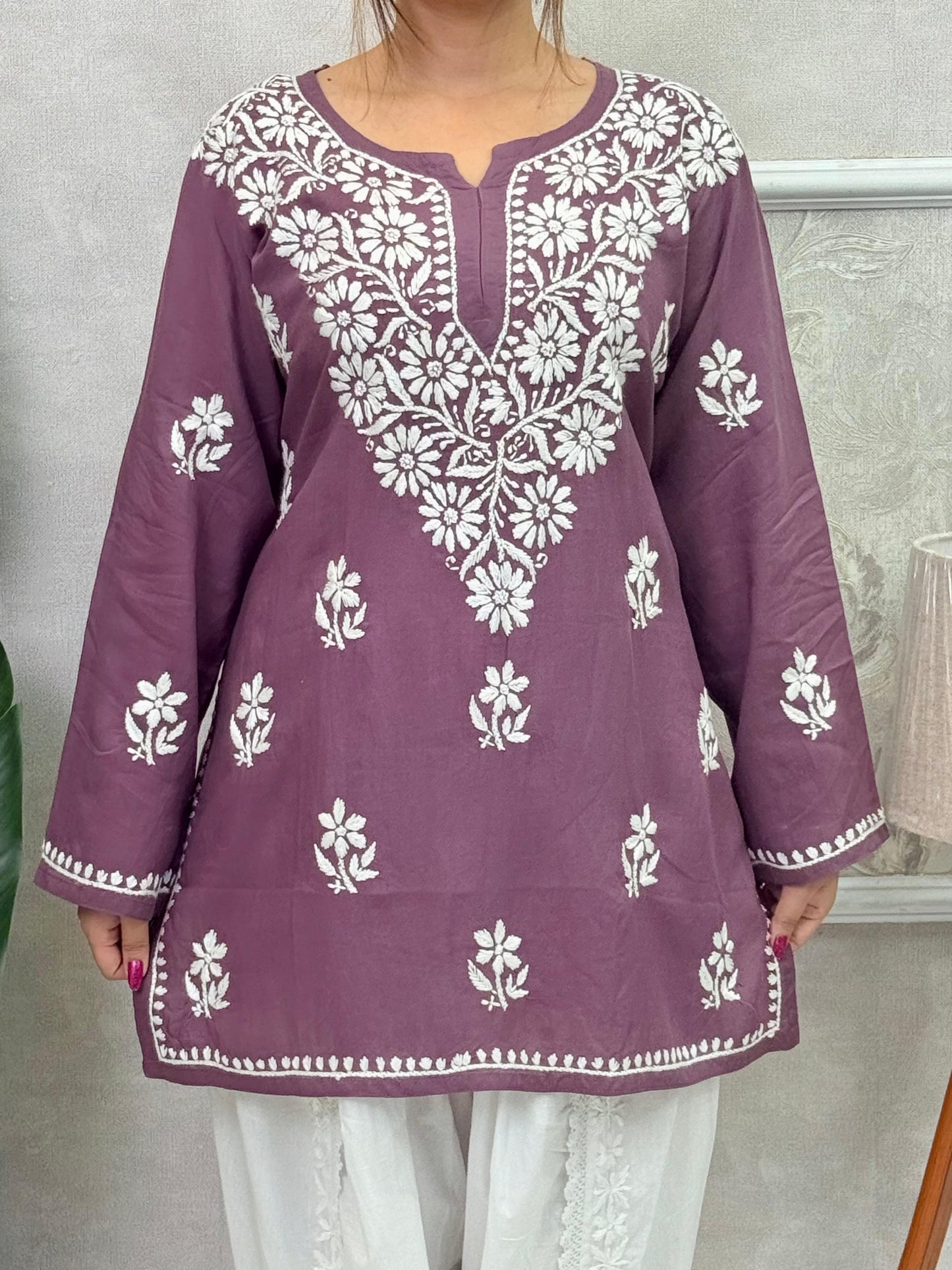 Plum purple modal short kurta with white Lucknow Chikankari hand embroidery – premium, soft, and elegant