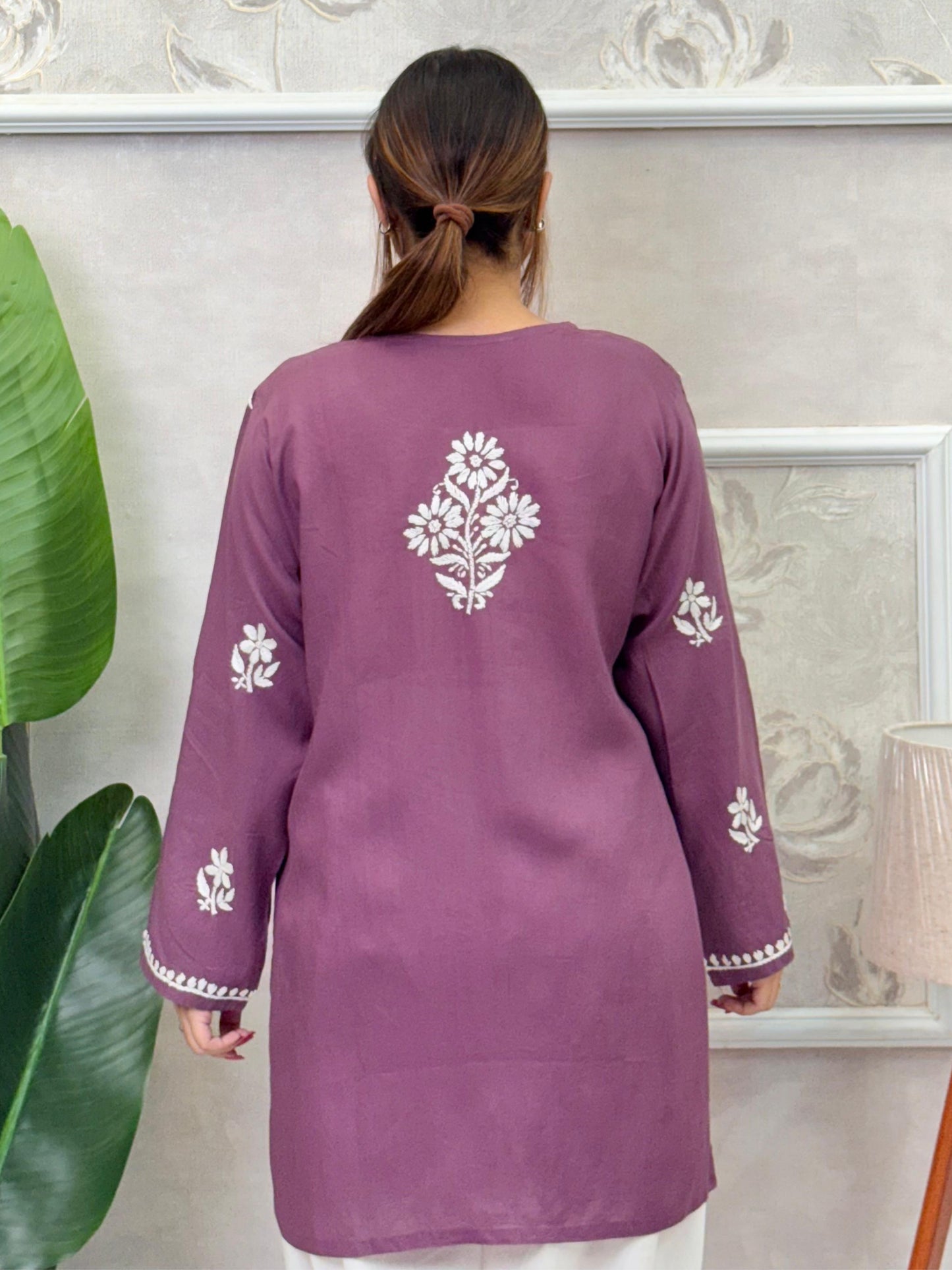 Plum purple modal short kurta with white Lucknow Chikankari hand embroidery – premium, soft, and elegant