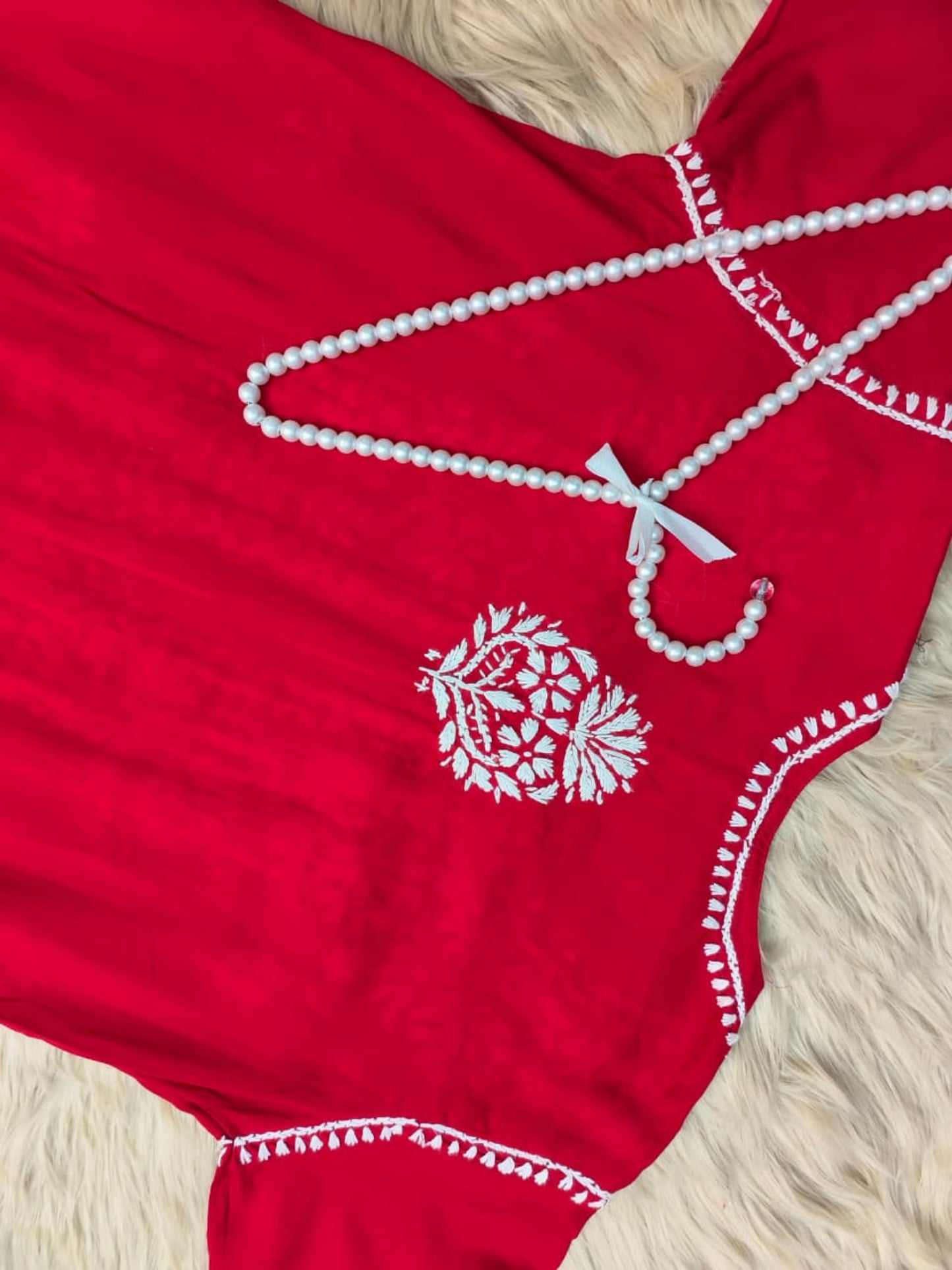 Red rayon Lucknow Chikankari kurta with white hand embroidery, premium and soft fabric