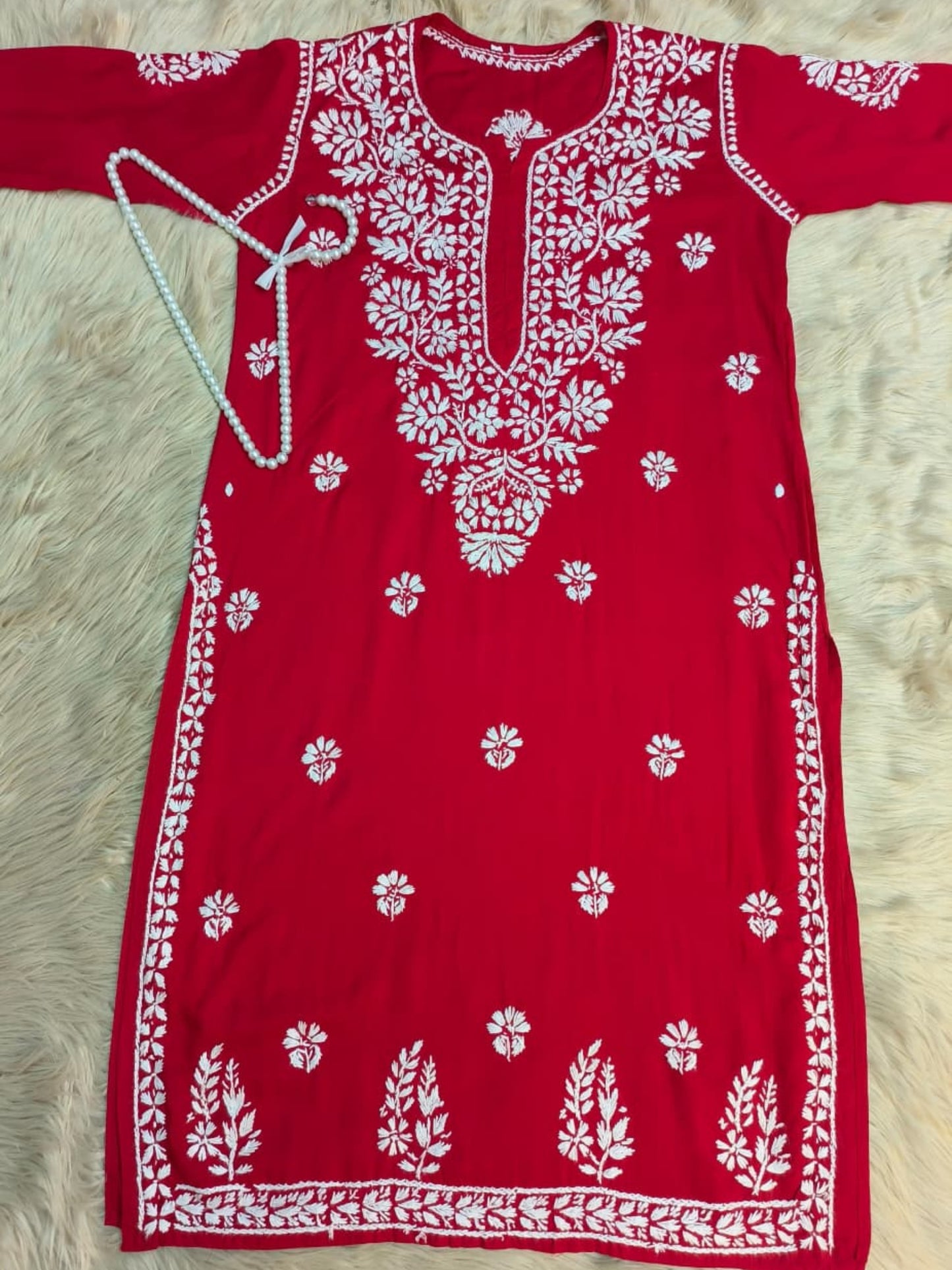 Red rayon Lucknow Chikankari kurta with white hand embroidery, premium and soft fabric